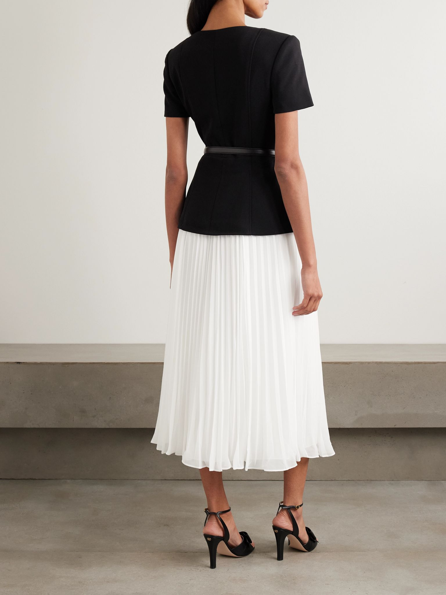 Embellished belted crepe and pleated chiffon midi dress Black - 3
