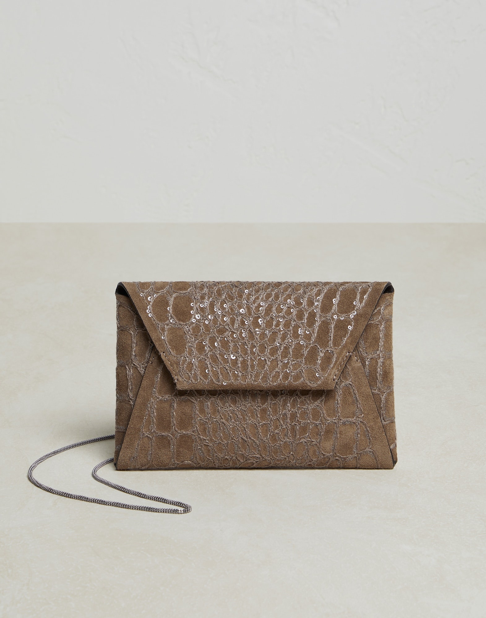 Crocodile embroidery envelope bag in suede with precious chain - 1