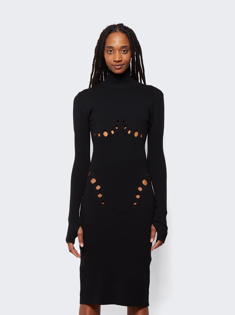Cyber High Neck Long Dress With Long Sleeves And Perforated Details Black - 3