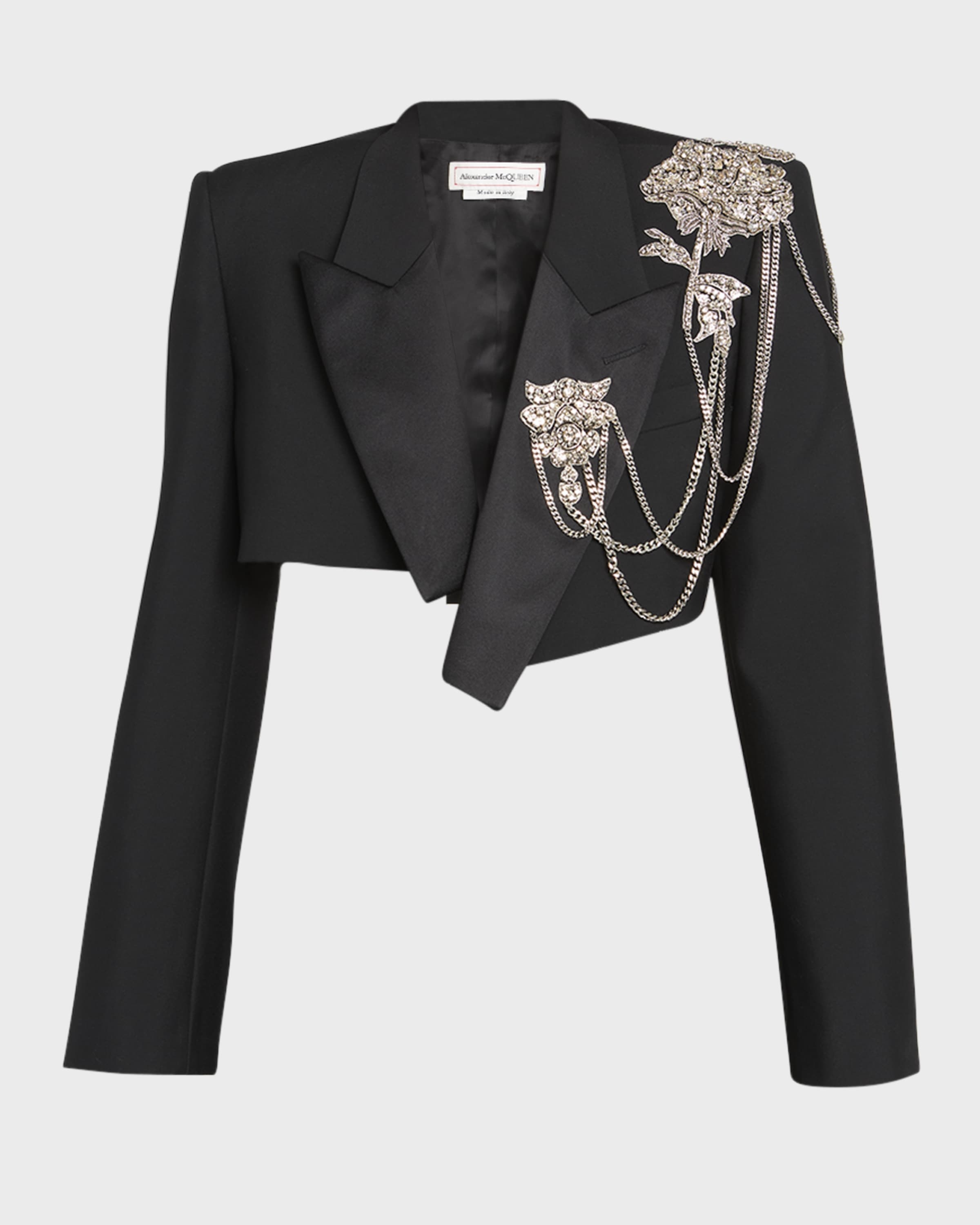 Crystal Chain Embellished Crop Tuxedo Jacket - 1