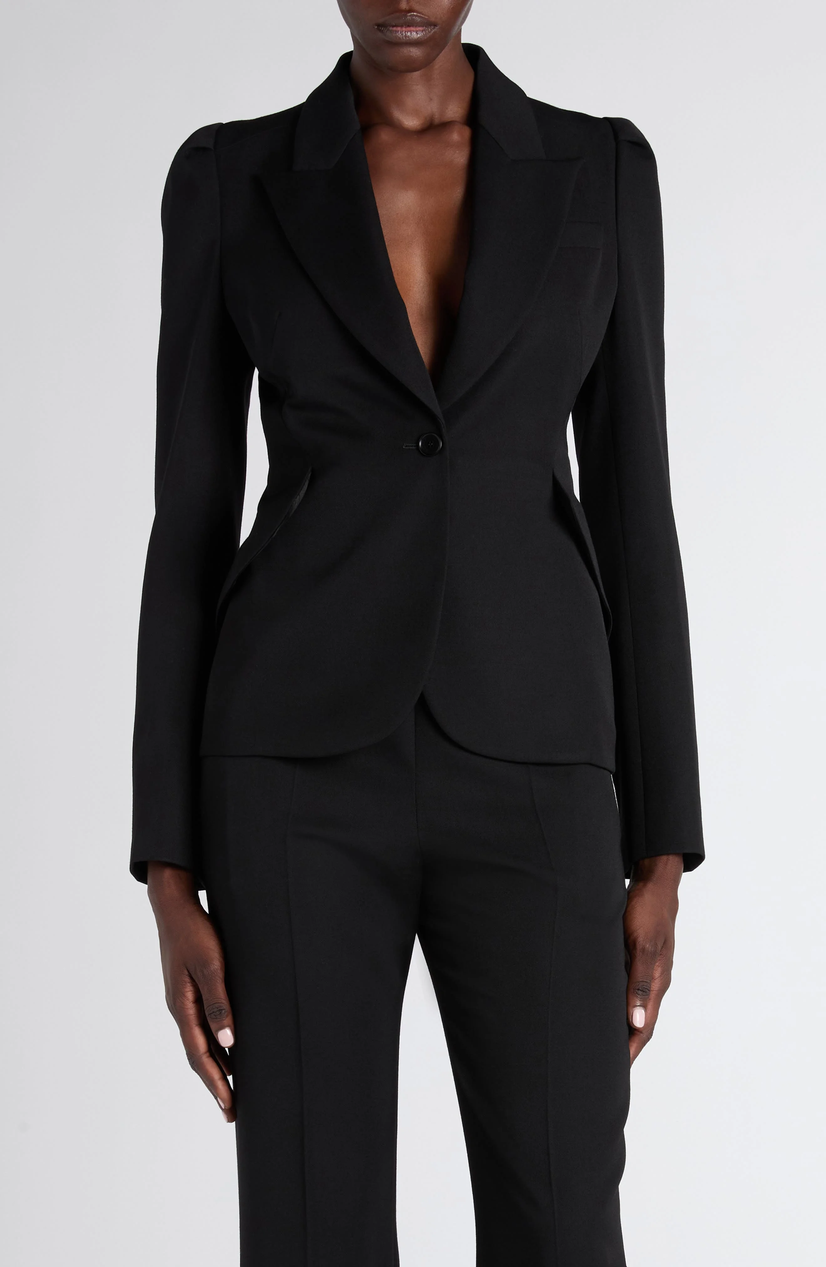 McQueen Puff Shoulder Wool Grain de Poudre Blazer in Black at Nordstrom - 1