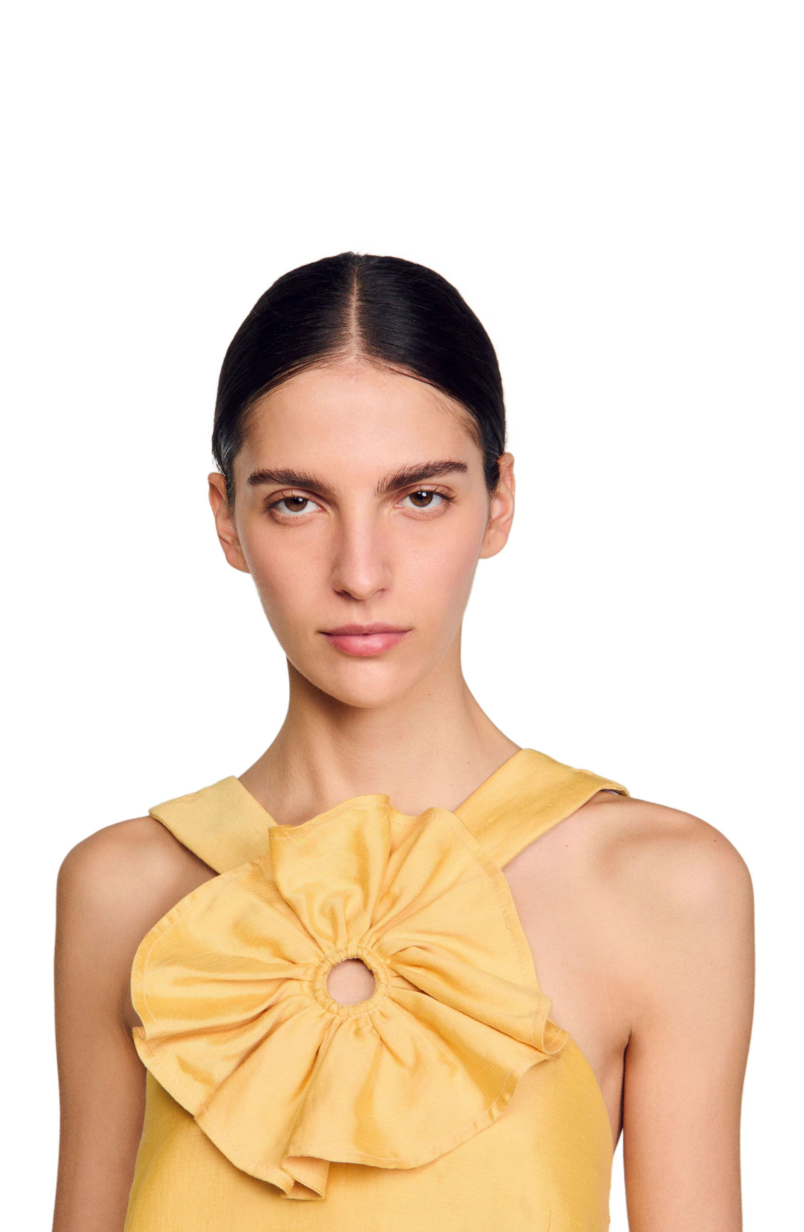 SANDRO Ruffled flower detailed crop top in Straw at Nordstrom - 4