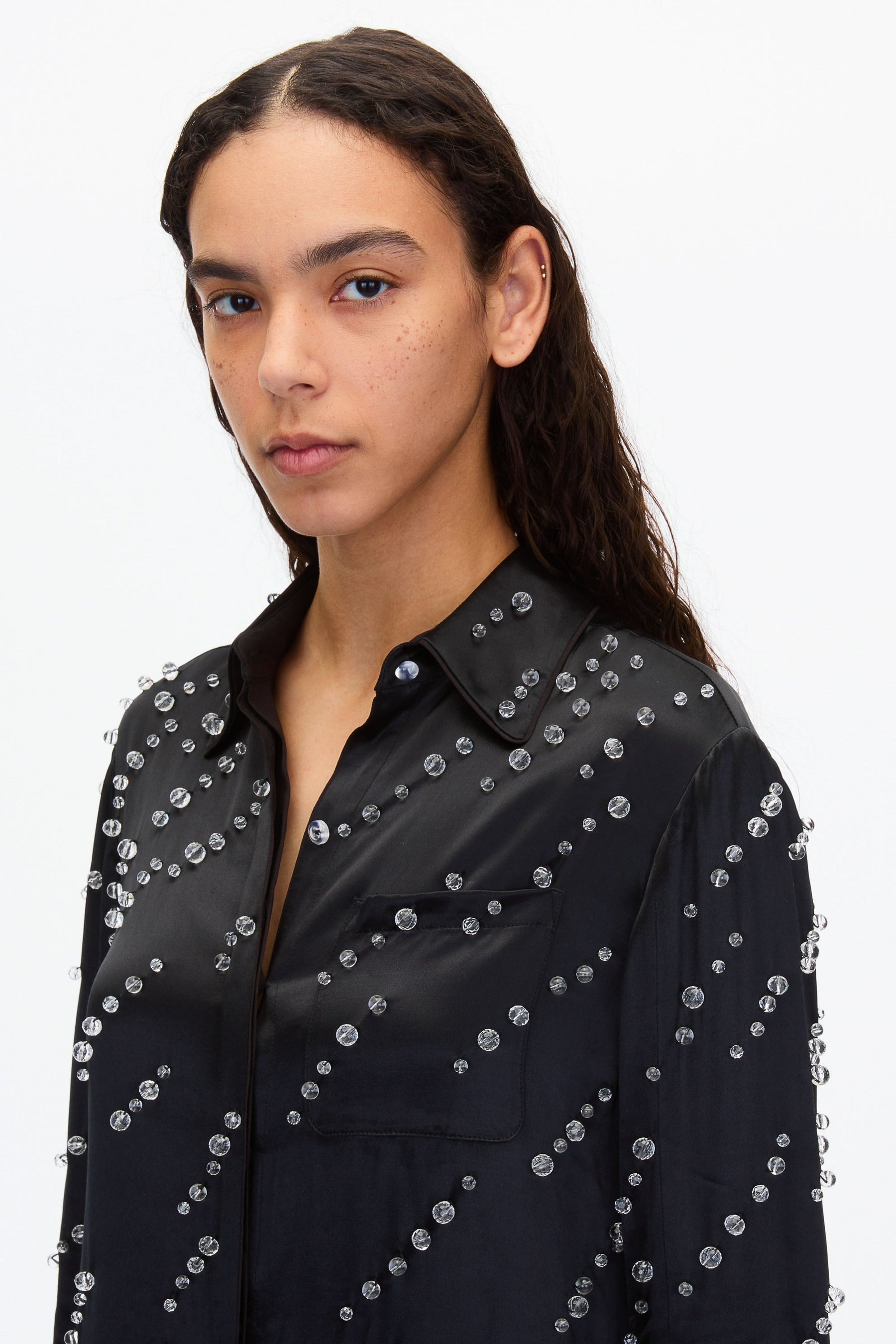 Liquid Satin PJ Shirt with Rainfall Embroidery - 5