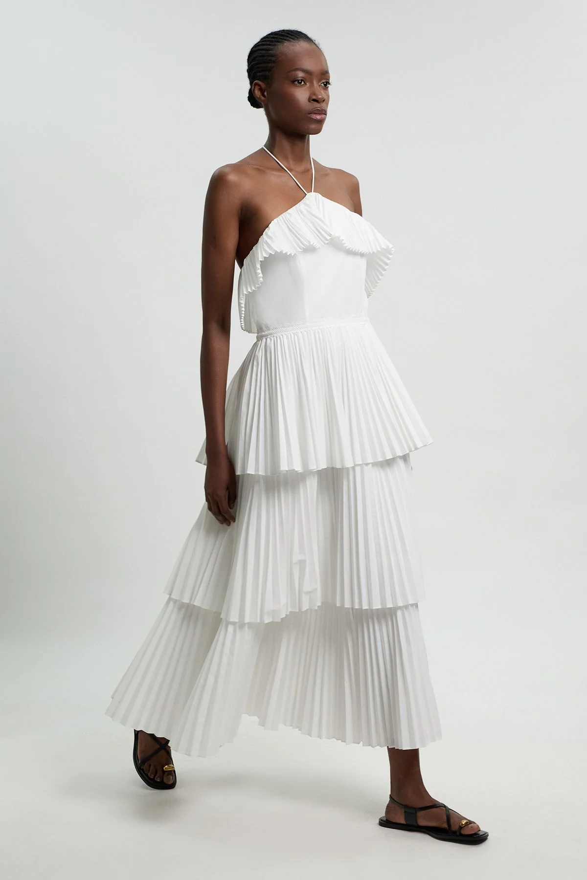 Cotton Poplin Pleat Detail Halterneck Woven Maxi Dress - 1