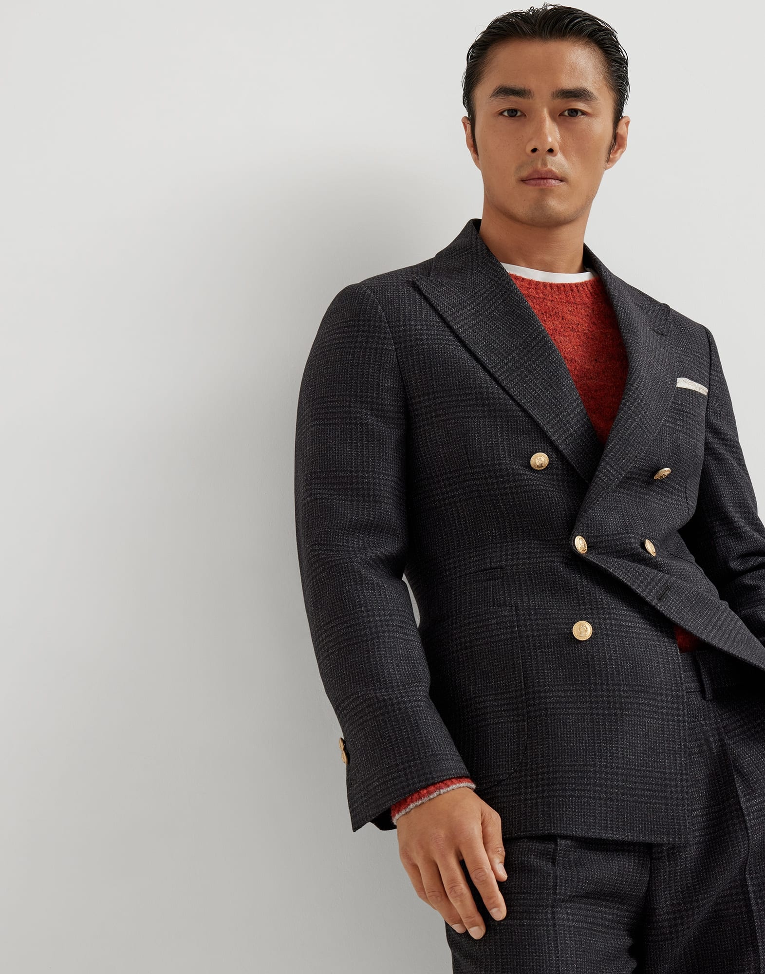 Wool, cashmere and silk tone-on-tone Prince of Wales one-and-a-half breasted deconstructed blazer wi - 4