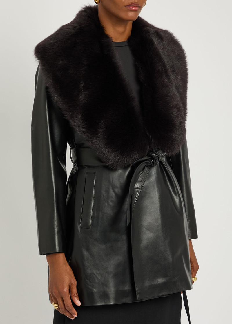 NOUR HAMMOUR Nour Hammour Kelsey Fur-trimmed Belted Leather Jacket outlook