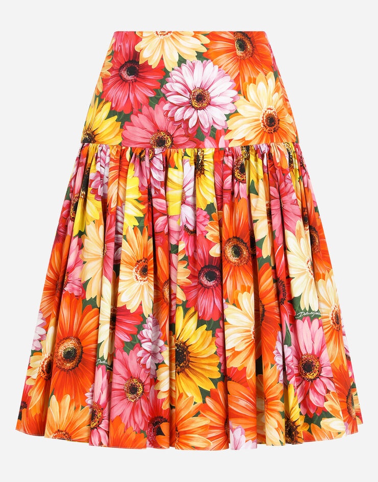 Poplin midi skirt with gerbera-daisy print with high waistband - 3