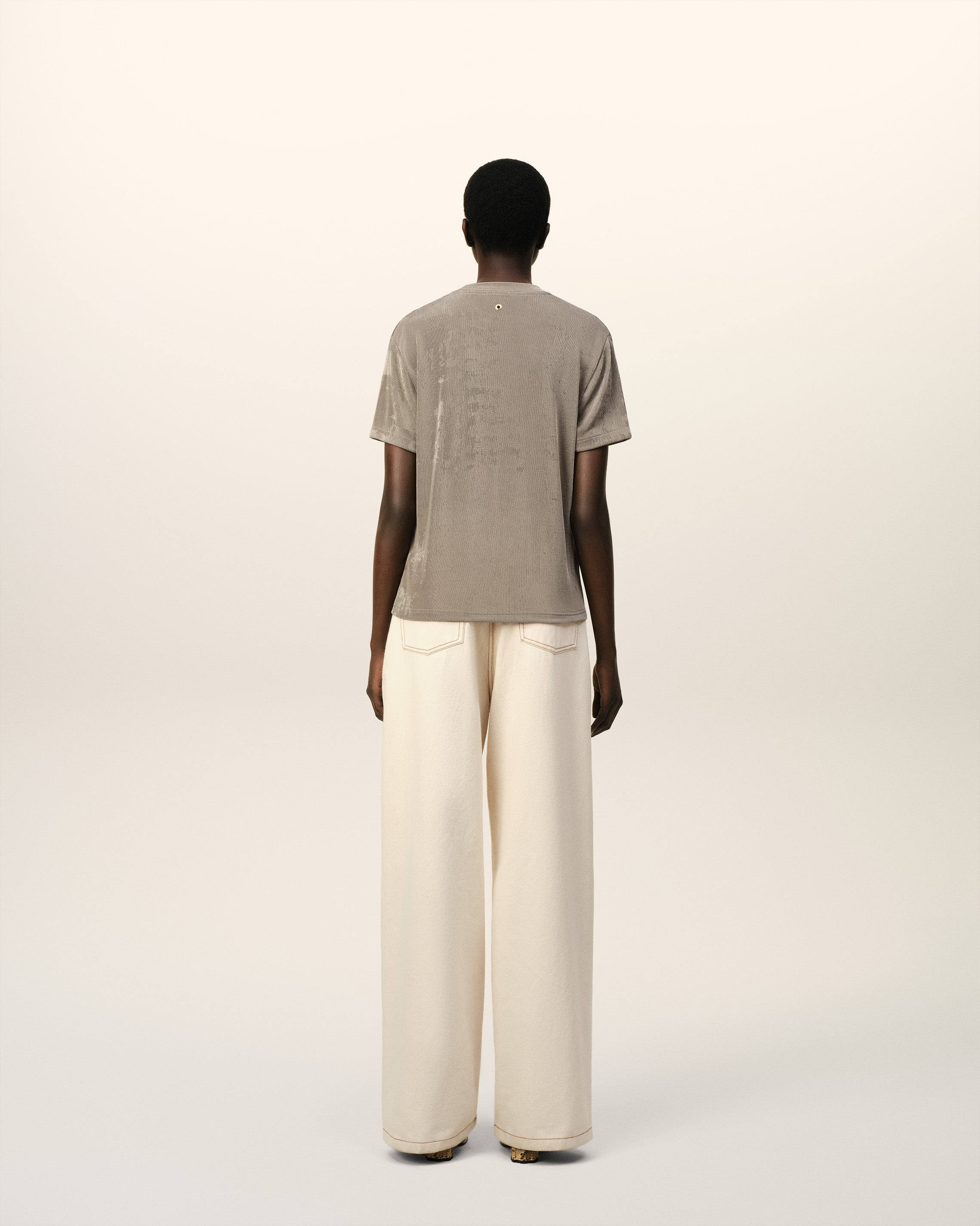 BEIGE SHINY JERSEY SHORT SLEEVE T-SHIRT - 5