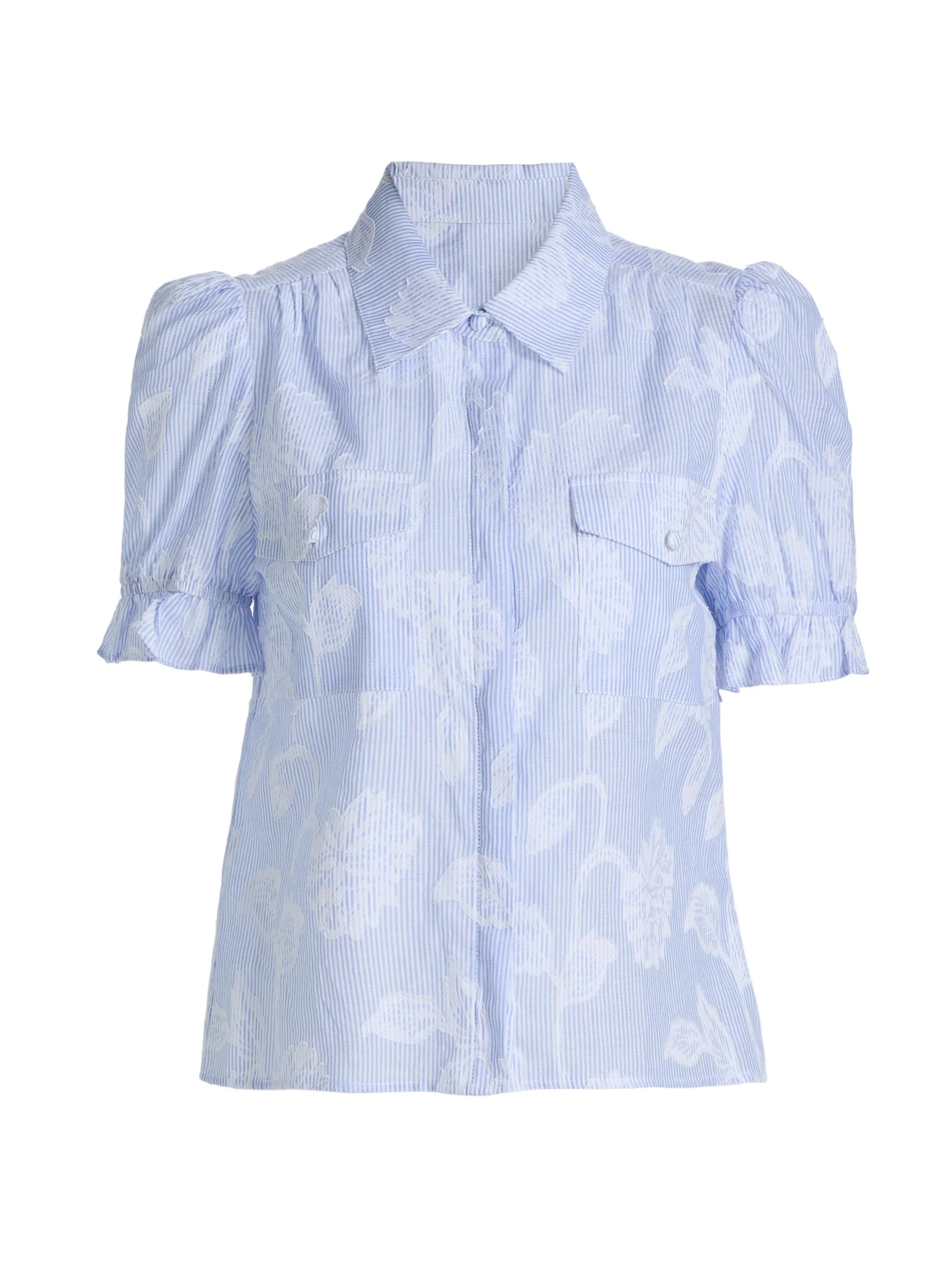 Women's Mina Floral-Stripe Cotton Shirt - Light Blue White - 1