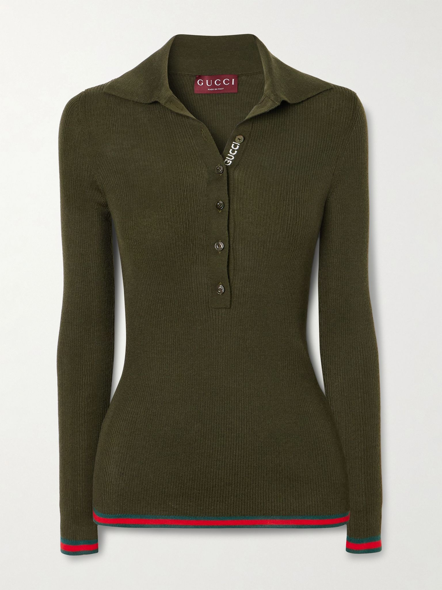 Striped ribbed cashmere and silk-blend polo shirt Army green - 1