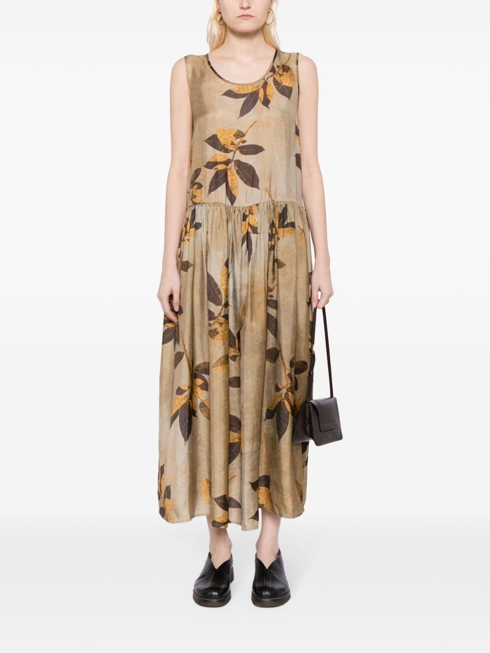 leaf-print gathered-waist midi dress - 2