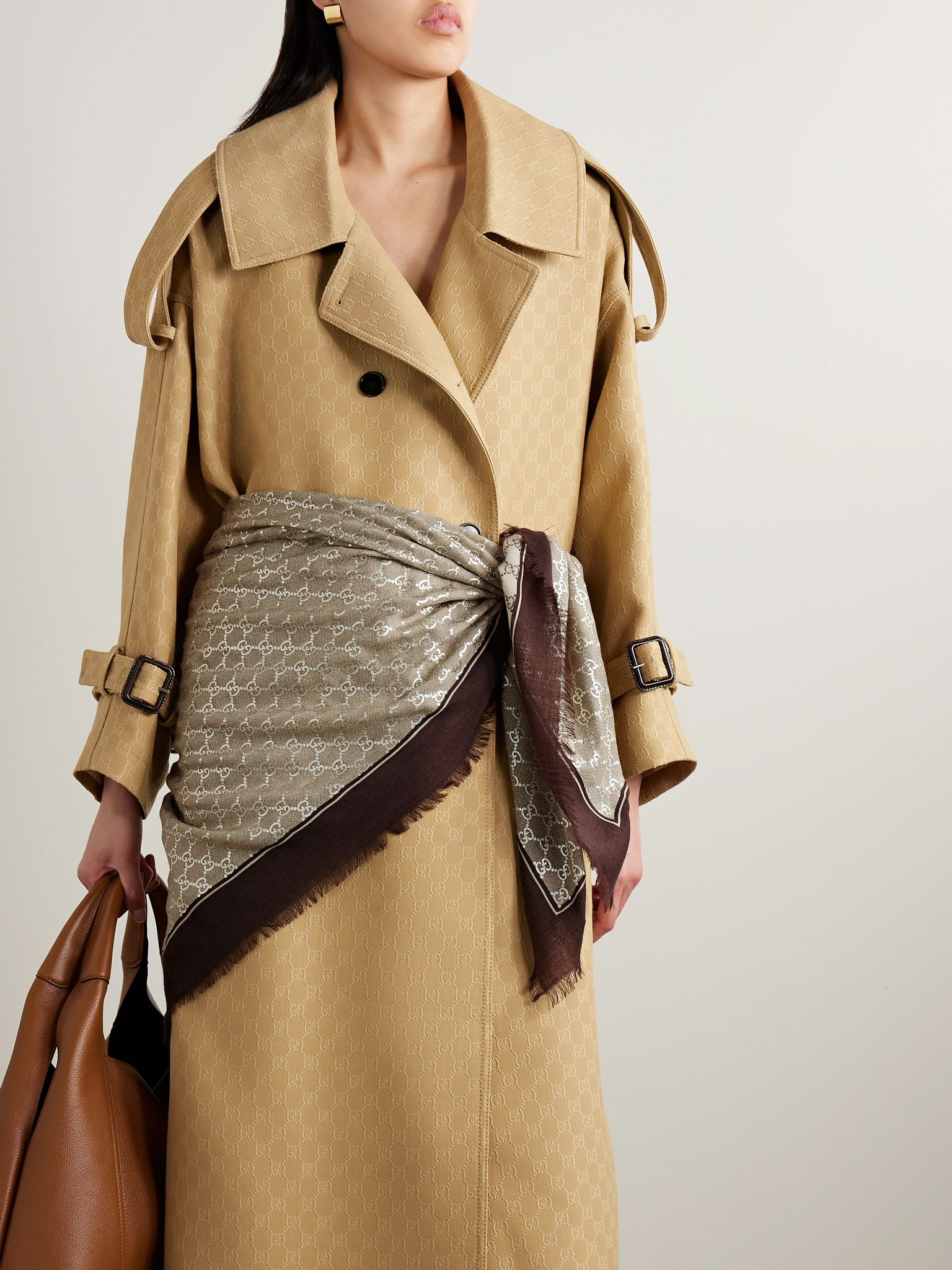 Frayed metallic wool-jacquard scarf Beige - 2