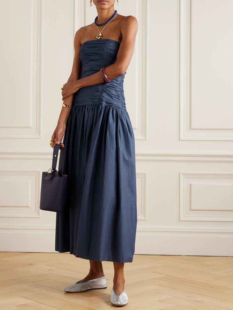 MATTEAU Strapless ruched organic cotton-poplin midi dress Blue outlook