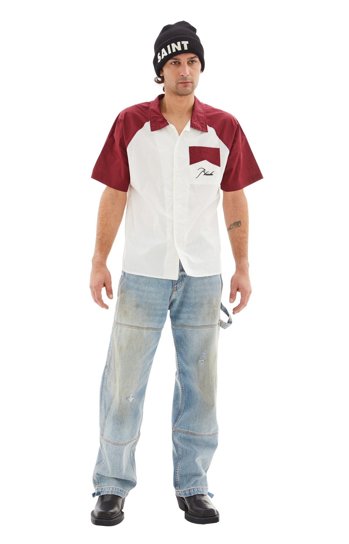 RAGLAN POPLIN BUTTON UP (MAROON/BEIGE) - 3