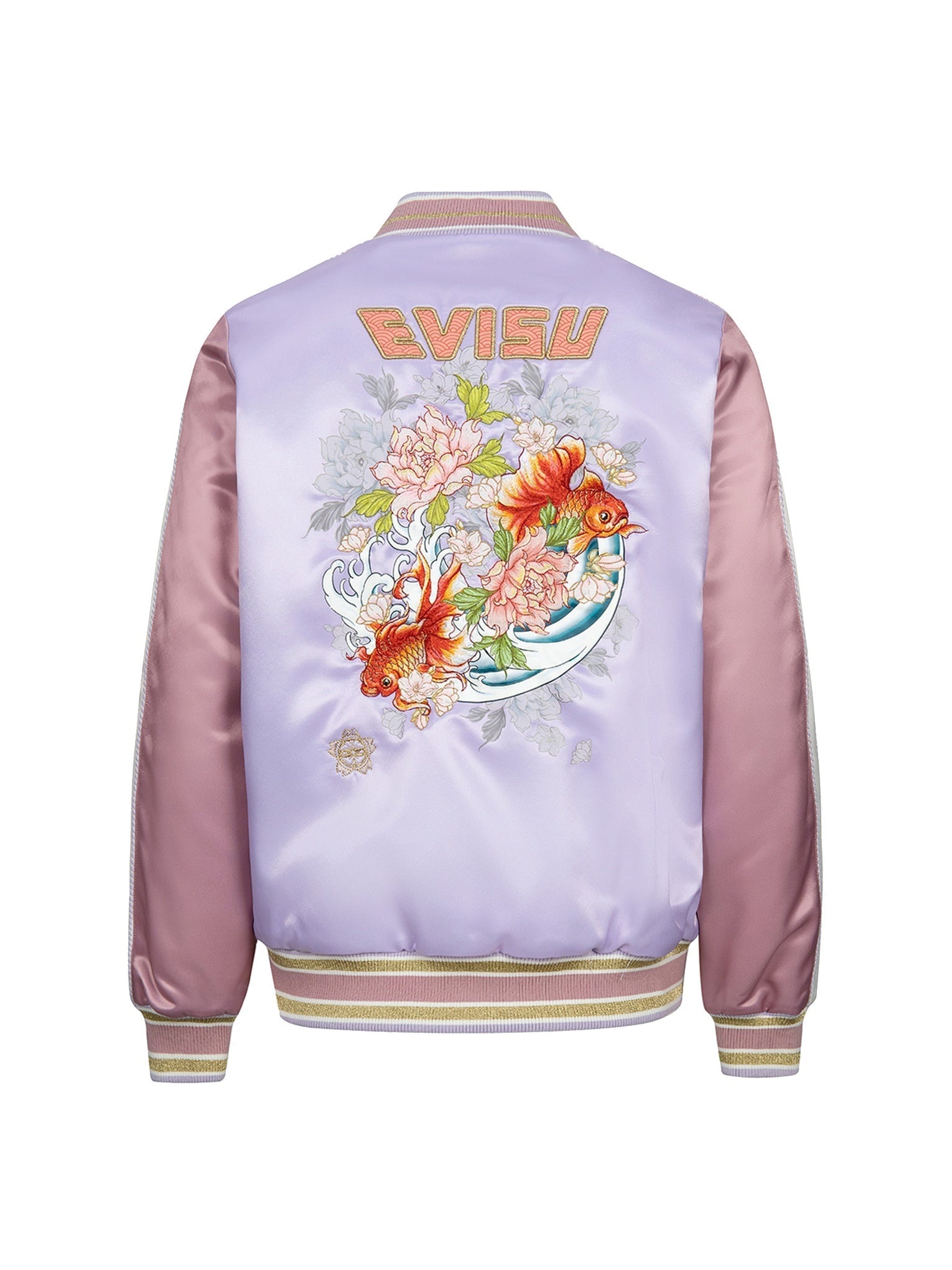 Goldfish and Floral Flow Embroidery Color-blocking Loose Fit Souvenir Jacket - 14