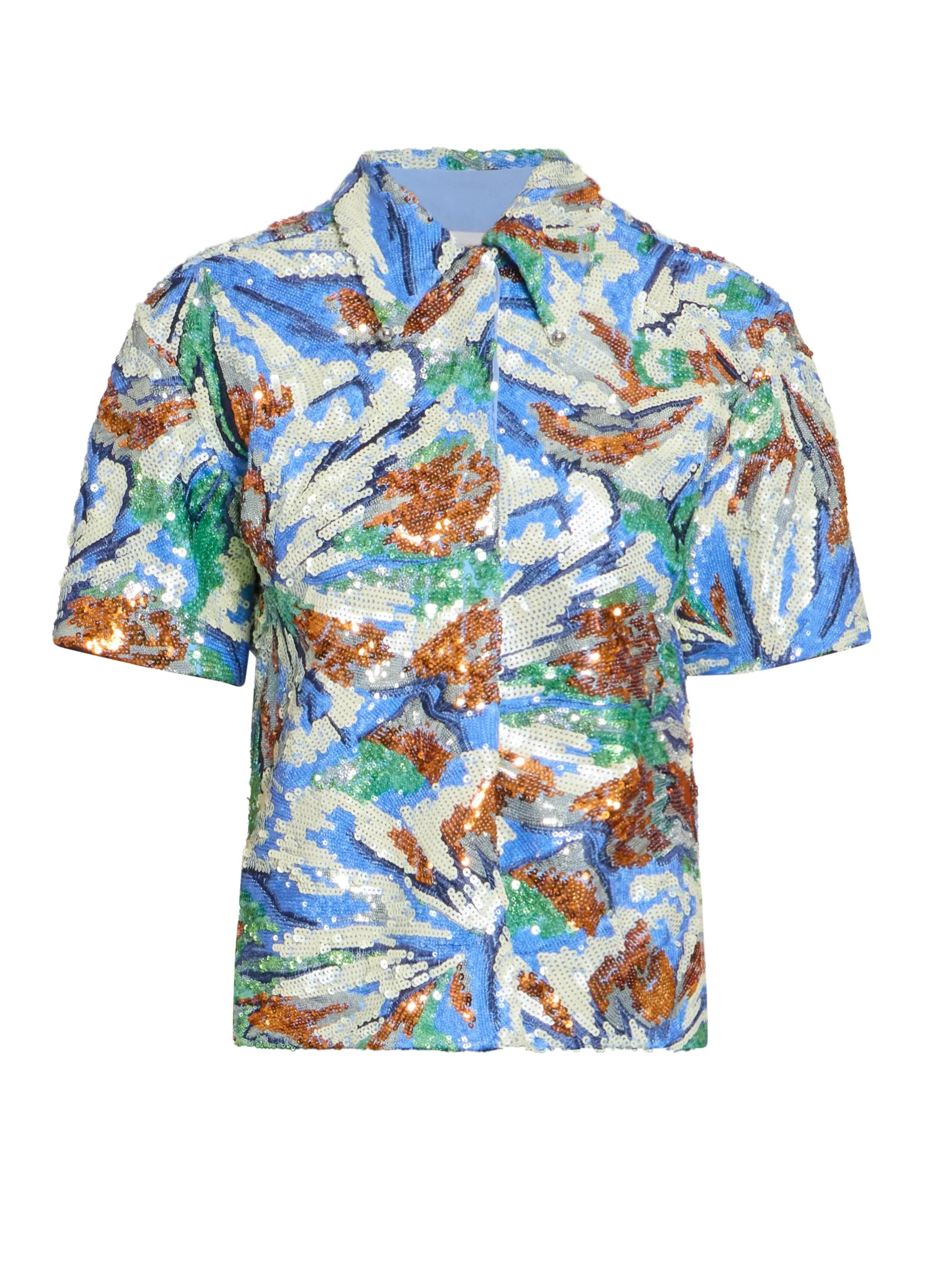 Women's Sequined Abstract Floral Shirt - Abstract Flowers Blue Or - 1