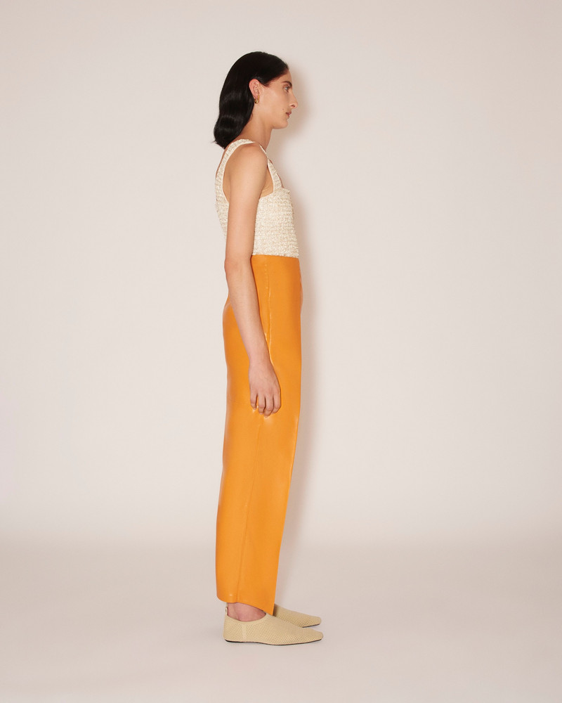 NEVE - Vegan leather waterfall trim pencil skirt - Orange 3