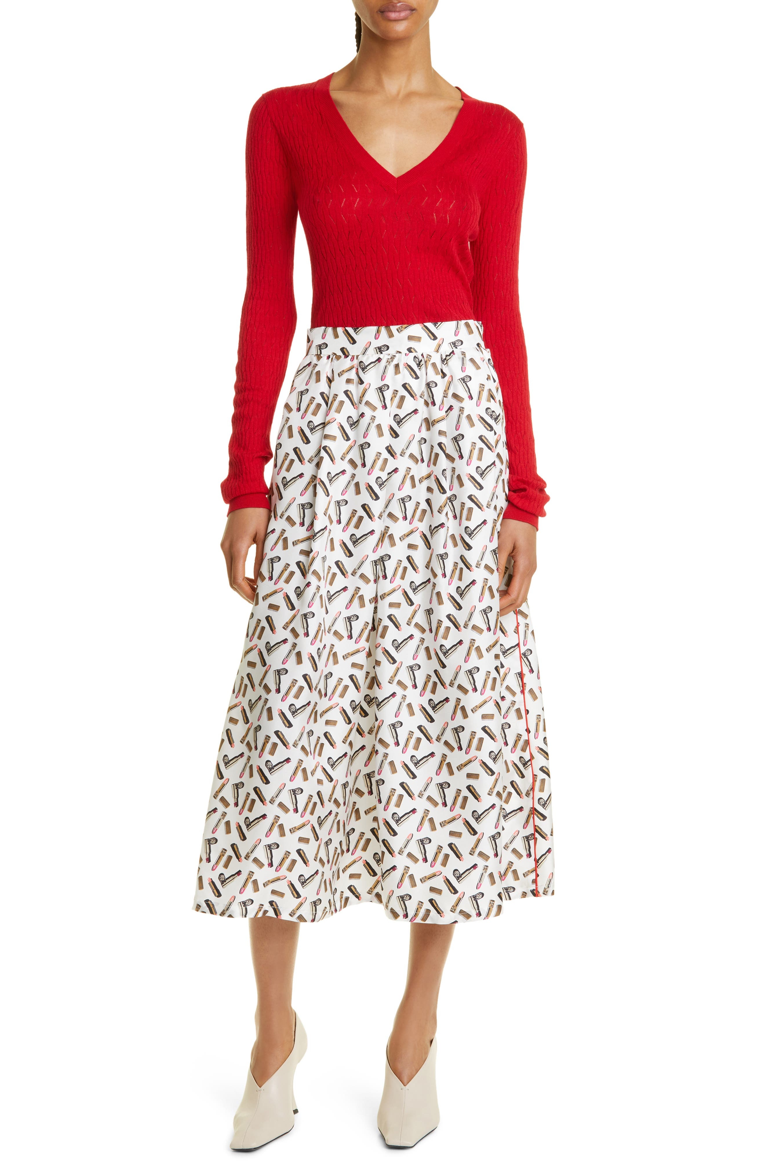 Max Mara Rotondo Lipstick Print Silk Skirt in White Black at Nordstrom, Size 4 - 2