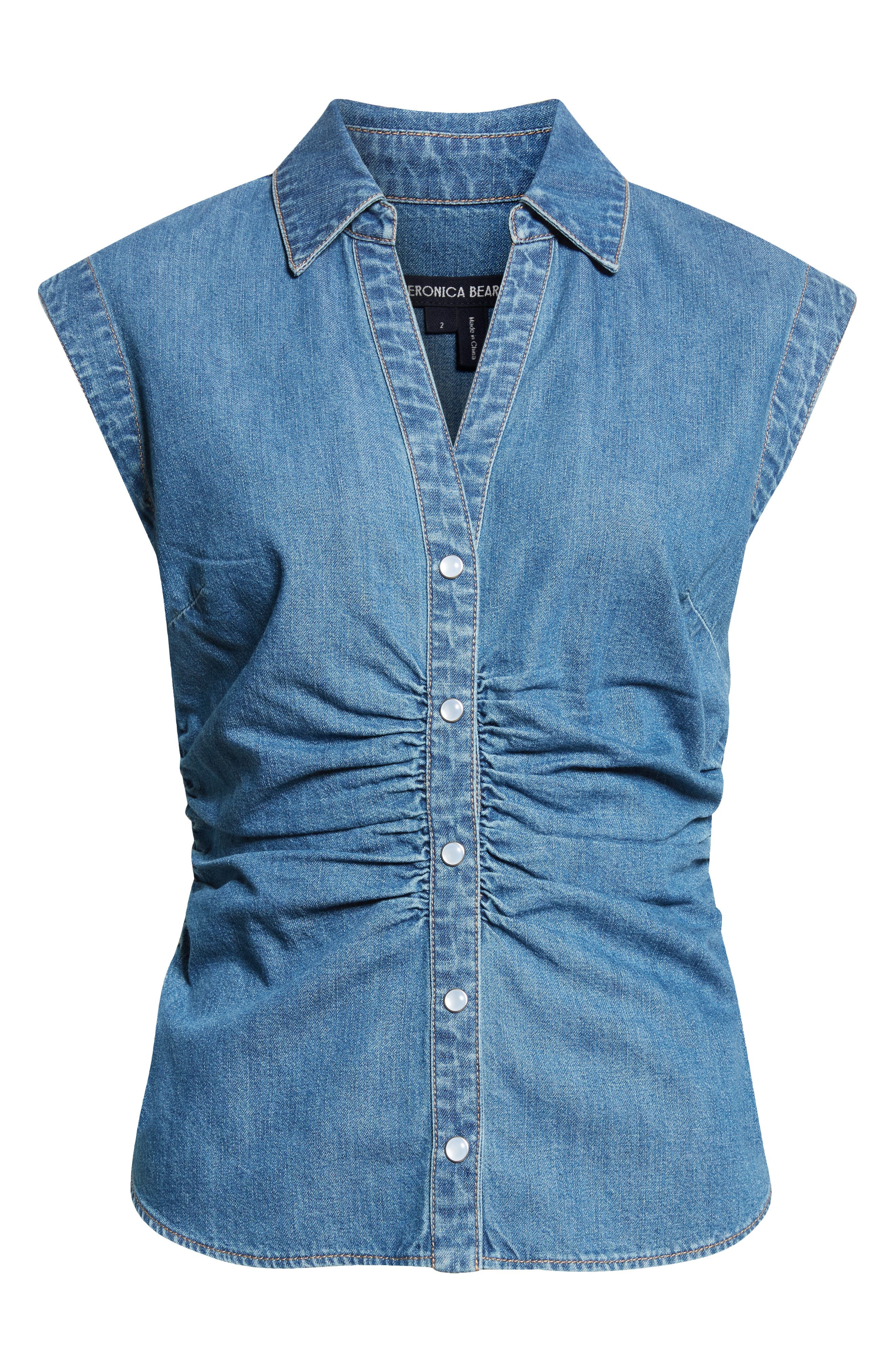 Veronica Beard Sera Center Ruched Sleeveless Denim Button-Up Shirt in Serendipity at Nordstrom - 5