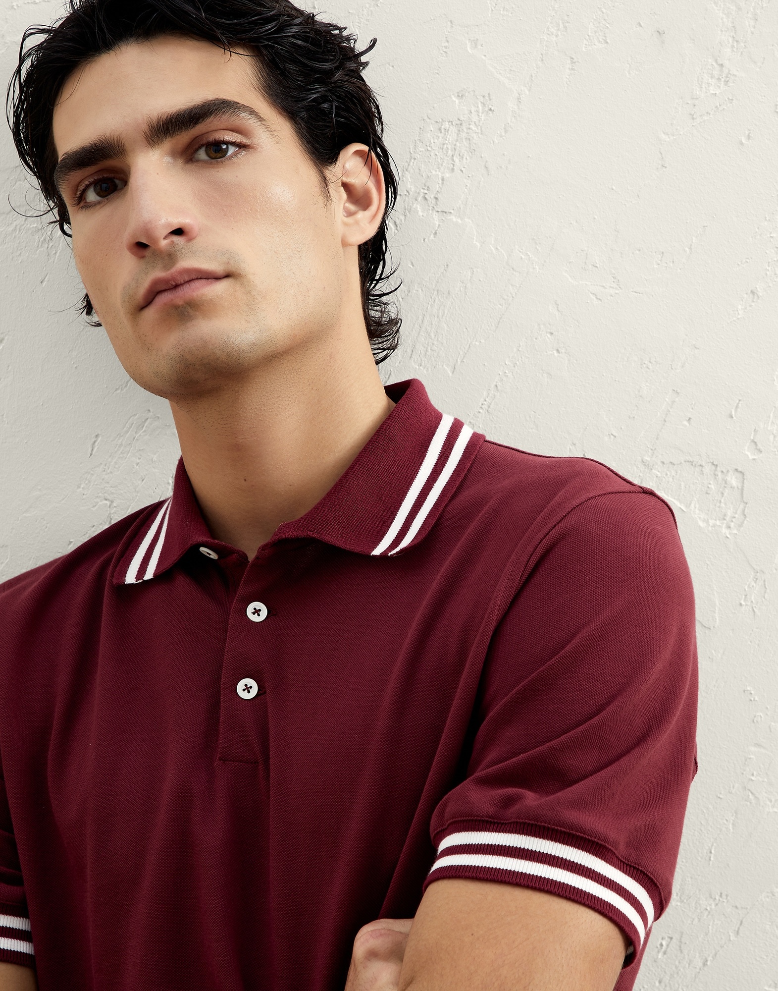 Cotton piqué slim fit polo shirt with striped knit details - 3