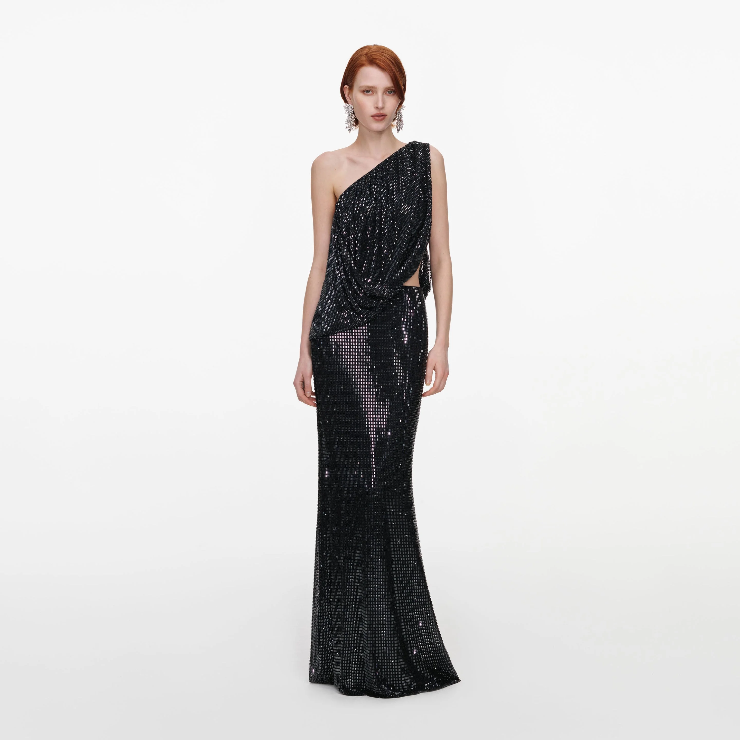 Black Rhinestone One Shoulder Drape Maxi Dress - 1