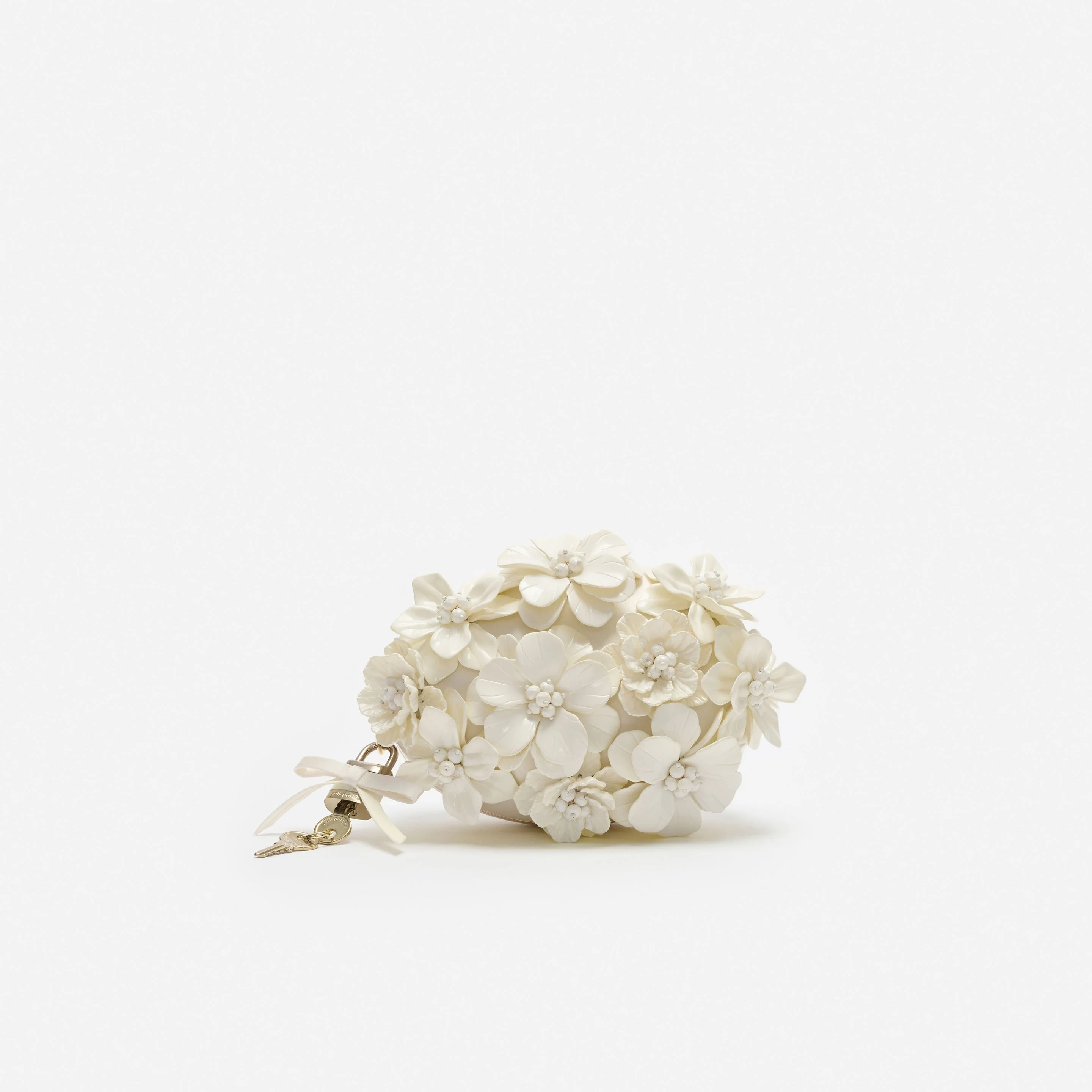 Cream Satin Floral Oval Clutch Bag - 1
