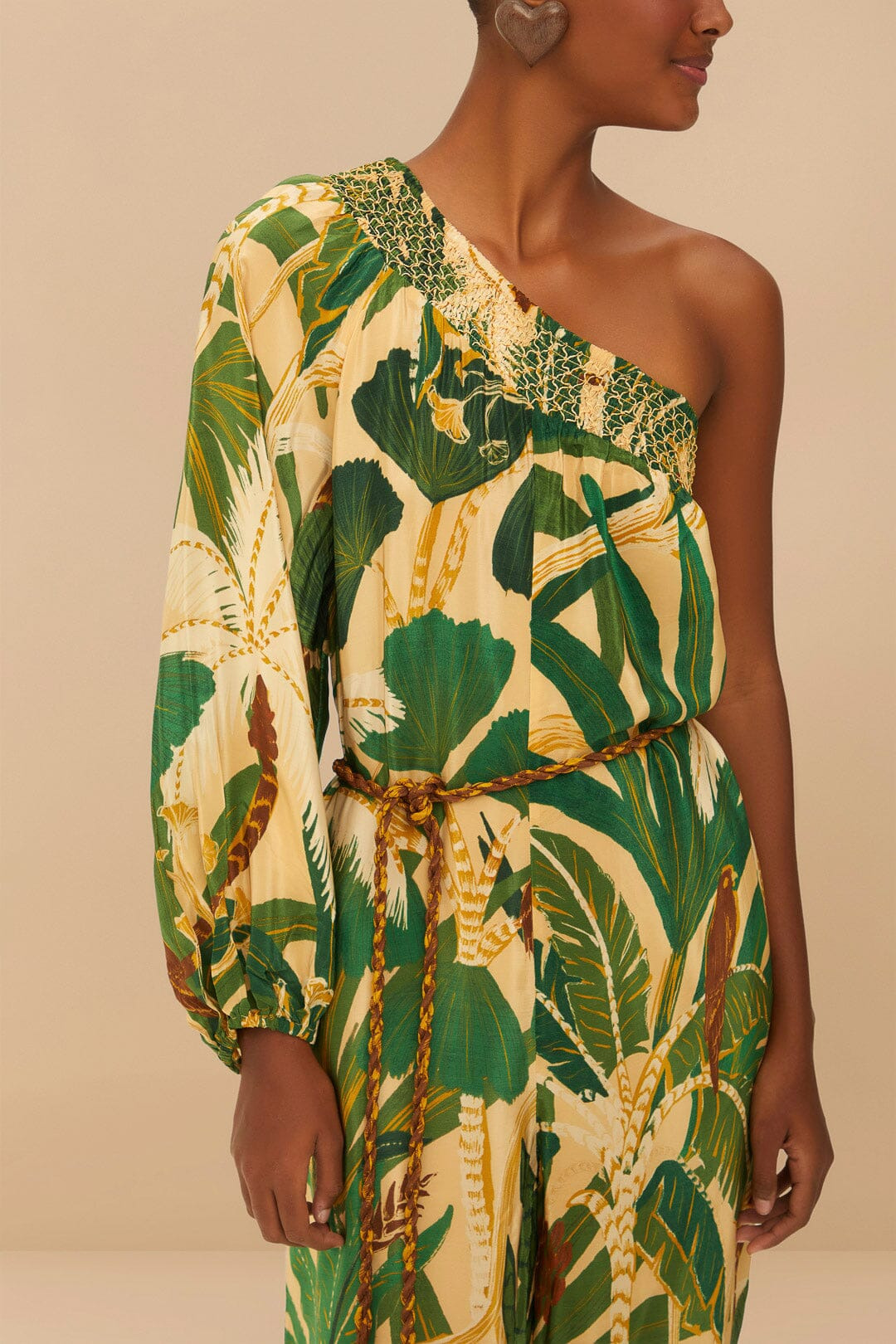 Beige Tropical Isla One-Shoulder Jumpsuit - 3