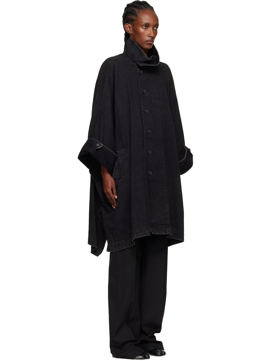Black High Neck Denim Coat - 2
