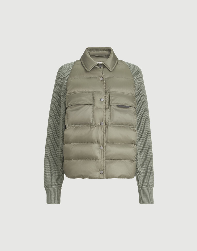 Water-resistant matte nylon down jacket with virgin wool, cashmere and silk knit sleeves and shiny z 1