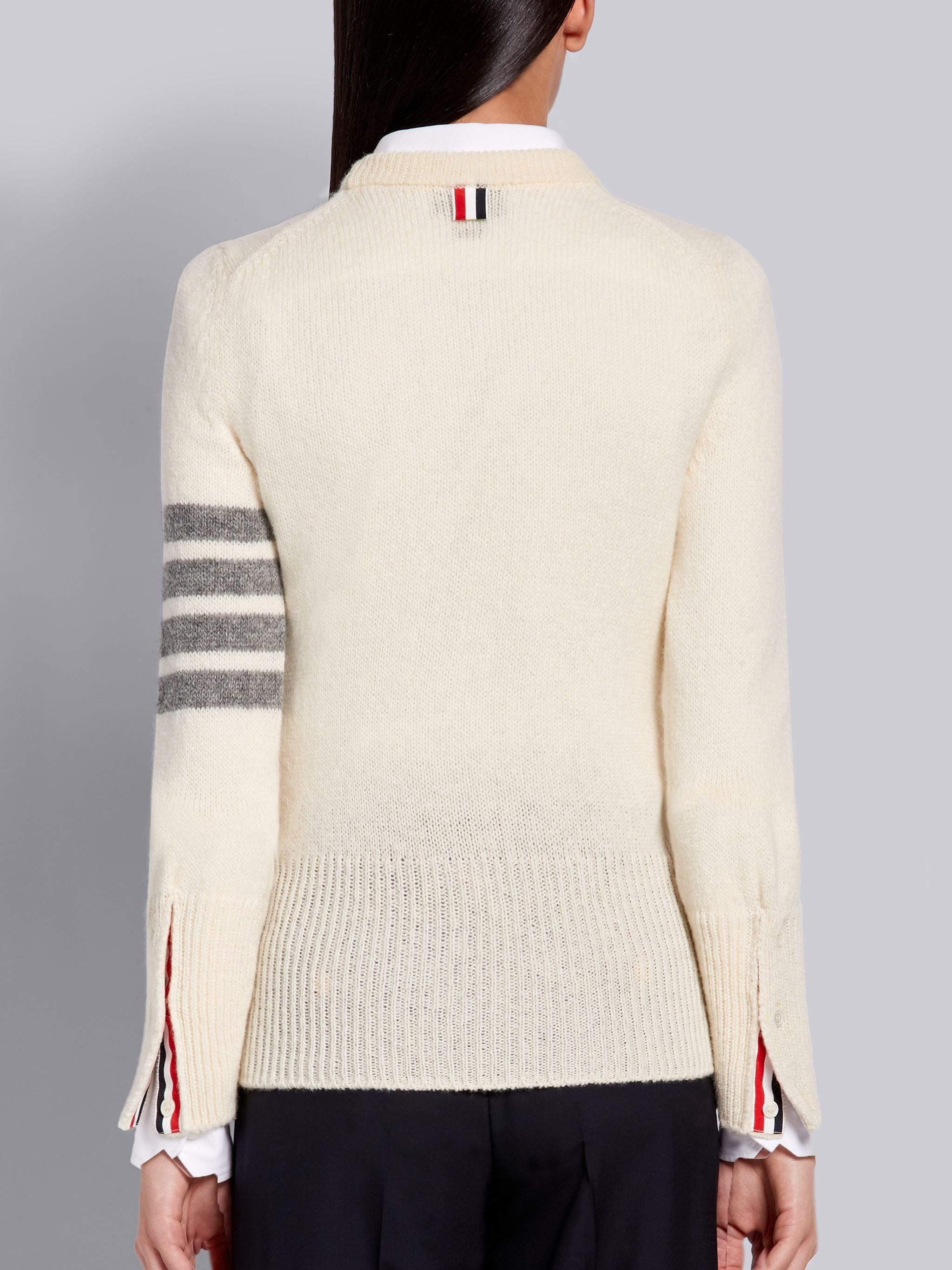 White Shetland Wool Jersey Classic Crewneck 4-Bar Pullover - 3