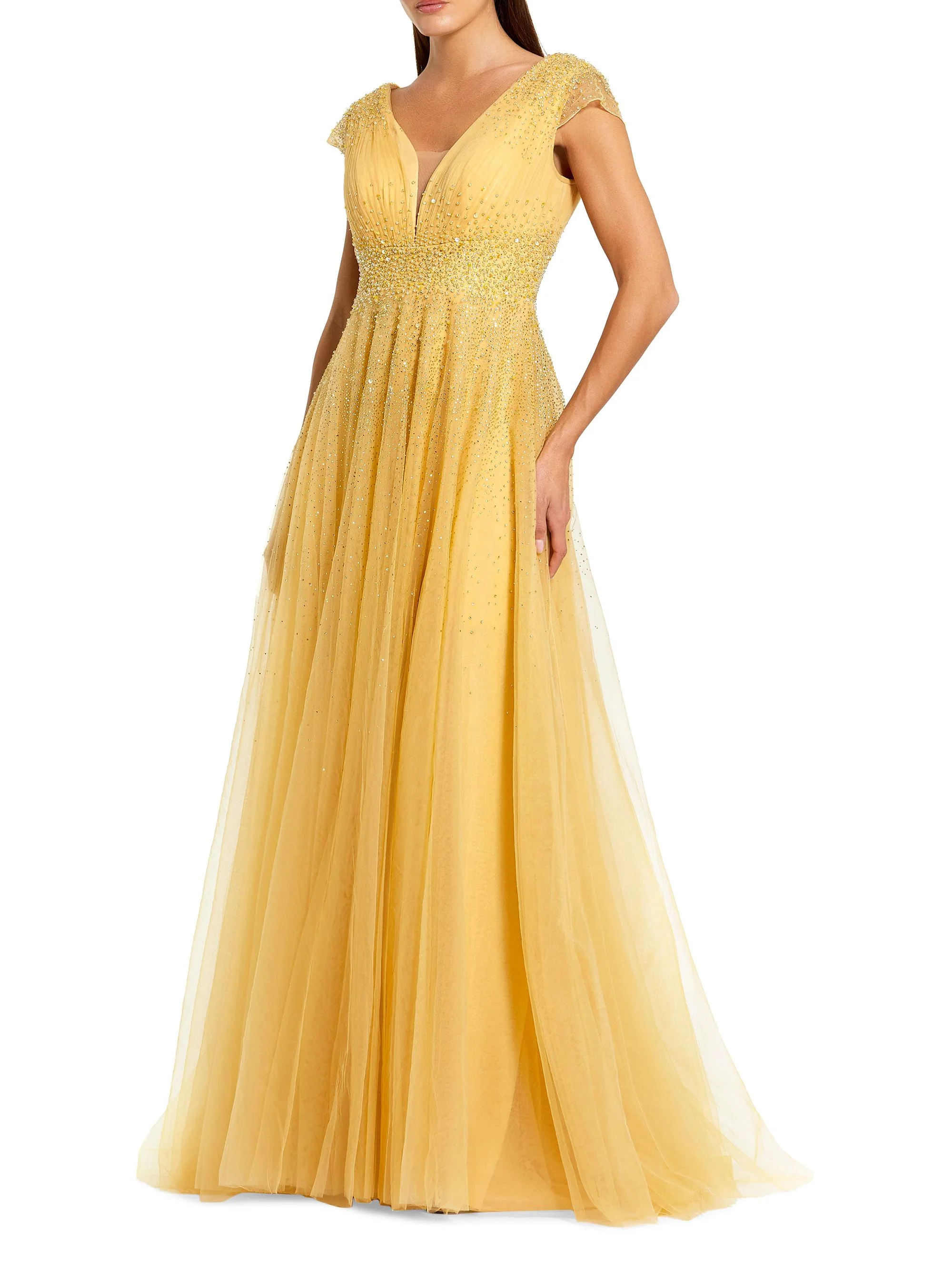 Women's Embellished Tulle Cap-Sleeve A-Line Gown - Gold - 1