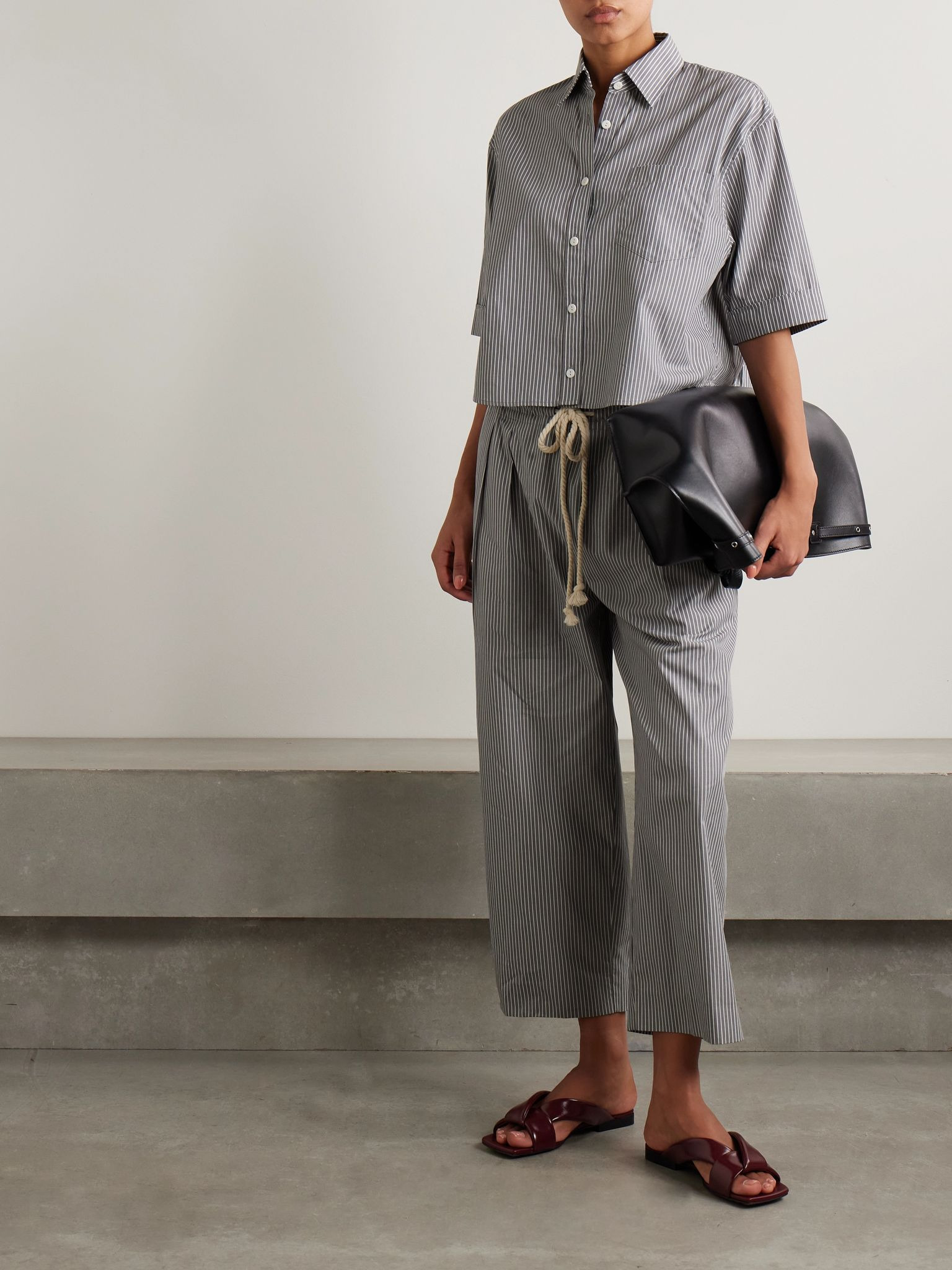 Cropped pleated striped organic cotton wide-leg pants Gray - 2