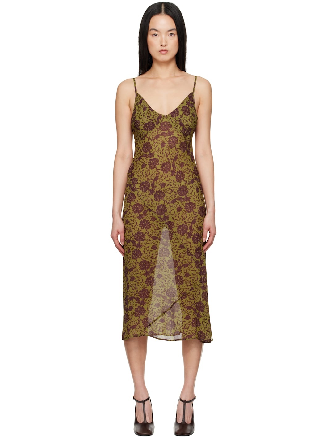 Khaki & Burgundy Printed Midi Dress - 1
