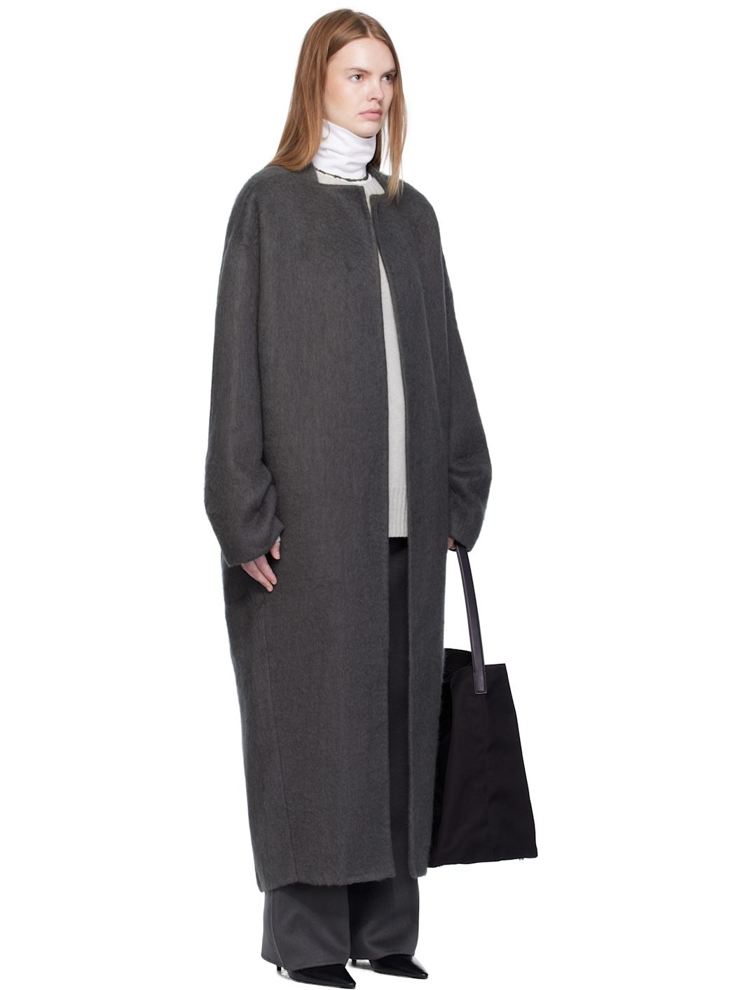 Gray Wool High-Neck Slim Coat - 2