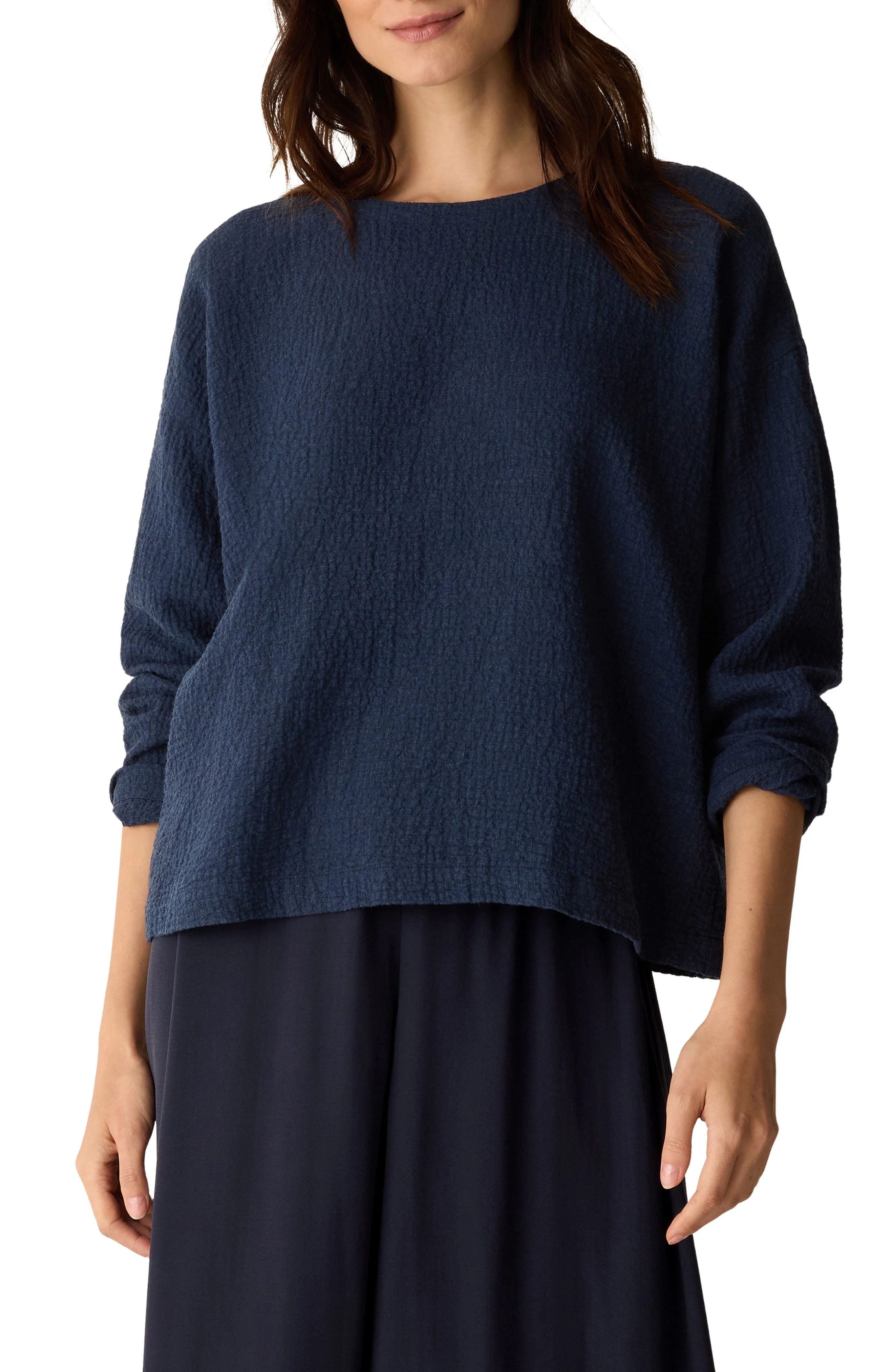 Eileen Fisher Crinkled Boxy Long Sleeve Stretch Organic Cotton Top at Nordstrom - 1