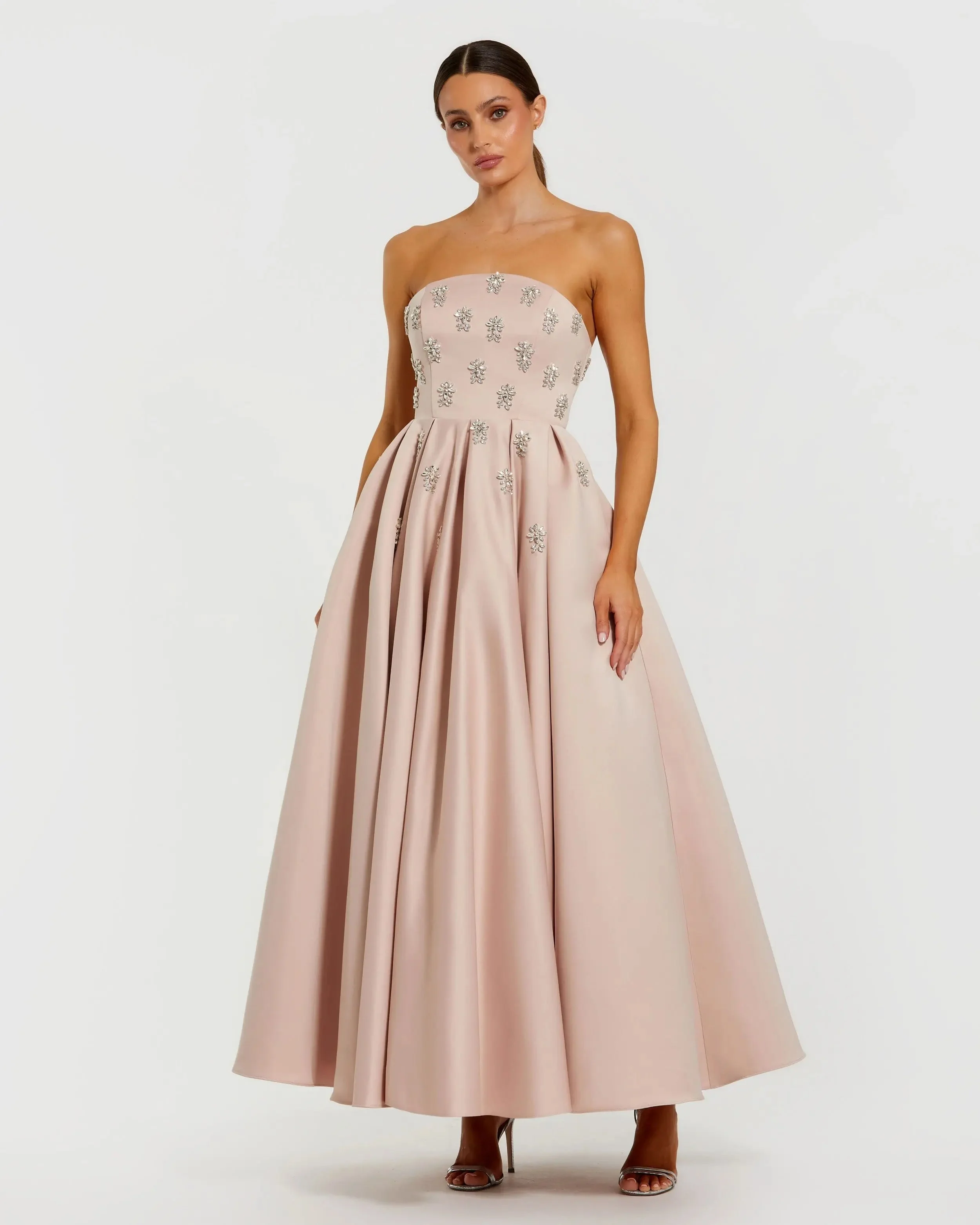 Pink Strapless Crystal Embellished Satin A-Line Dress - 1