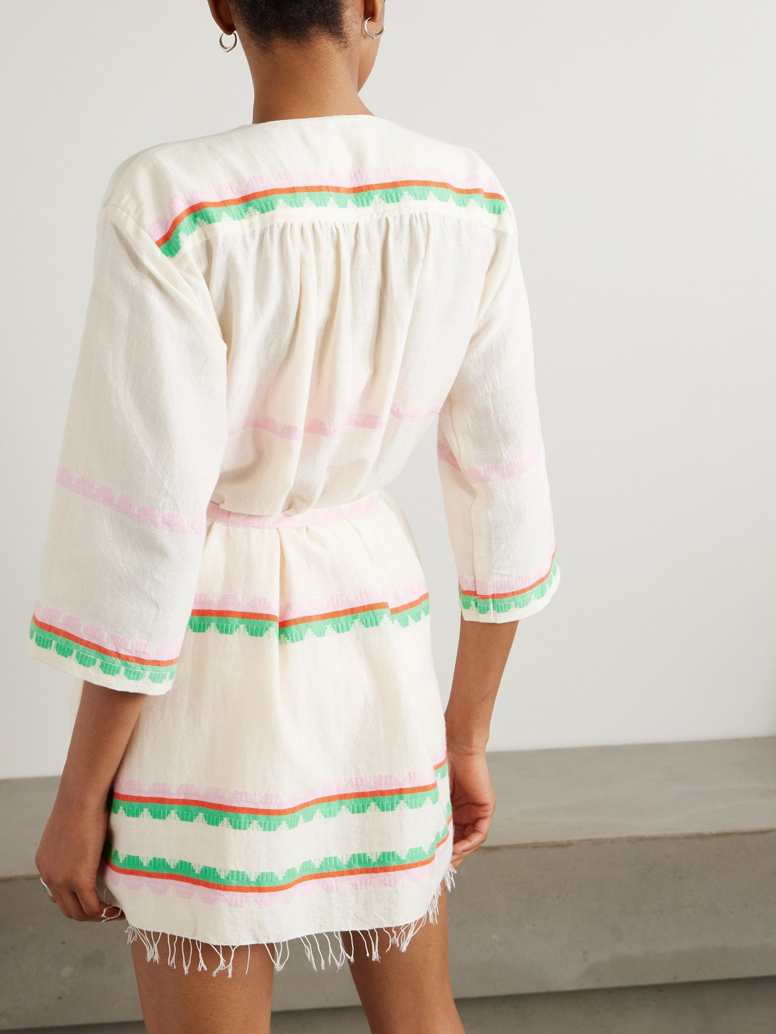 Imani belted fringed striped cotton coverup Beige - 3