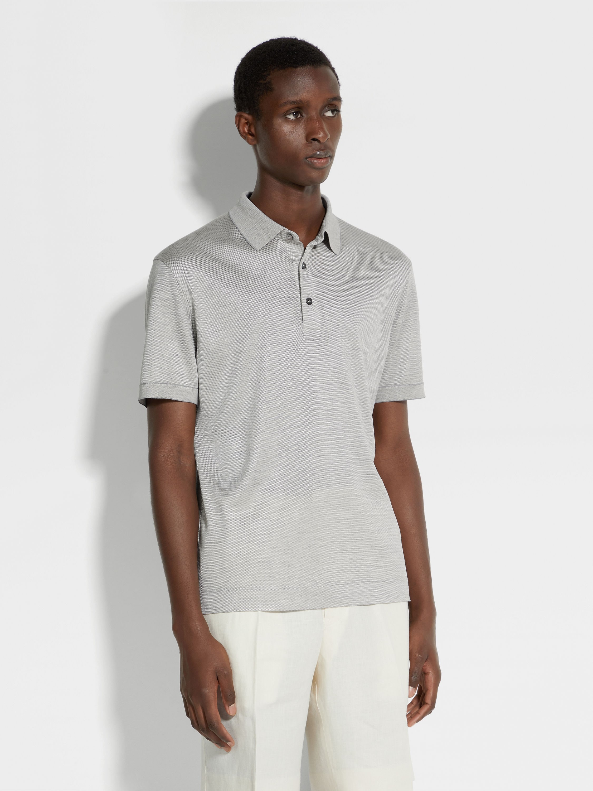 LIGHT GREY ZEGNA SILK POLO SHIRT - 4