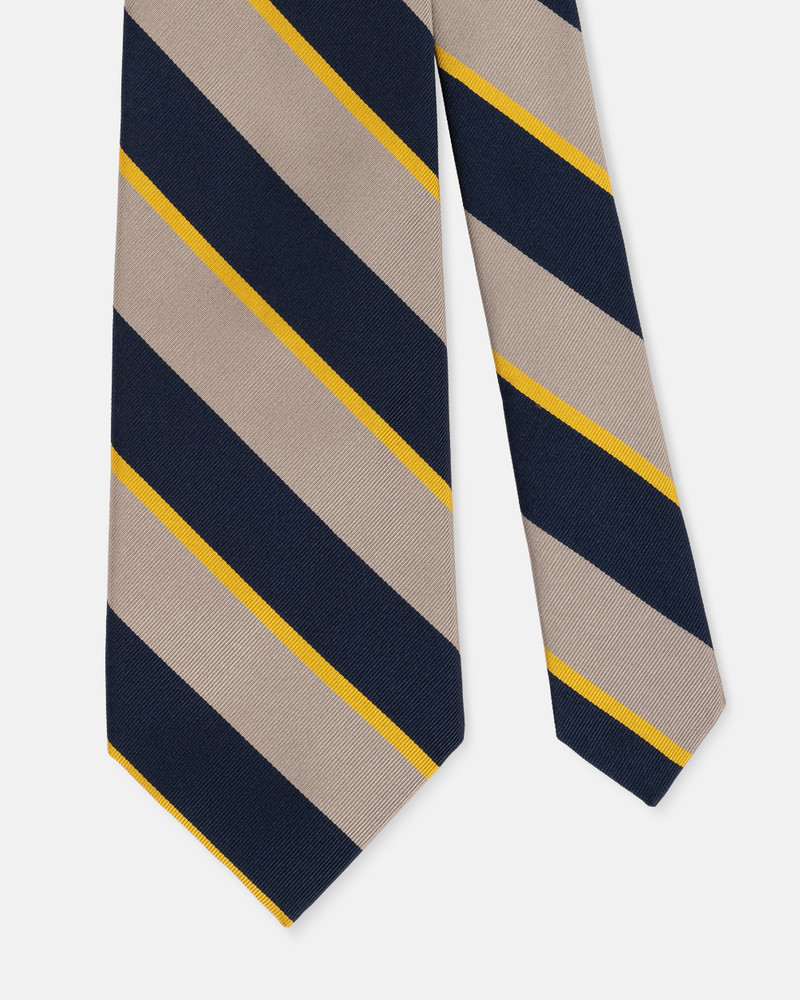 J. PRESS MADE-IN-ENGLAND SILVER, NAVY & YELLOW STRIPE MOGADOR TIE outlook