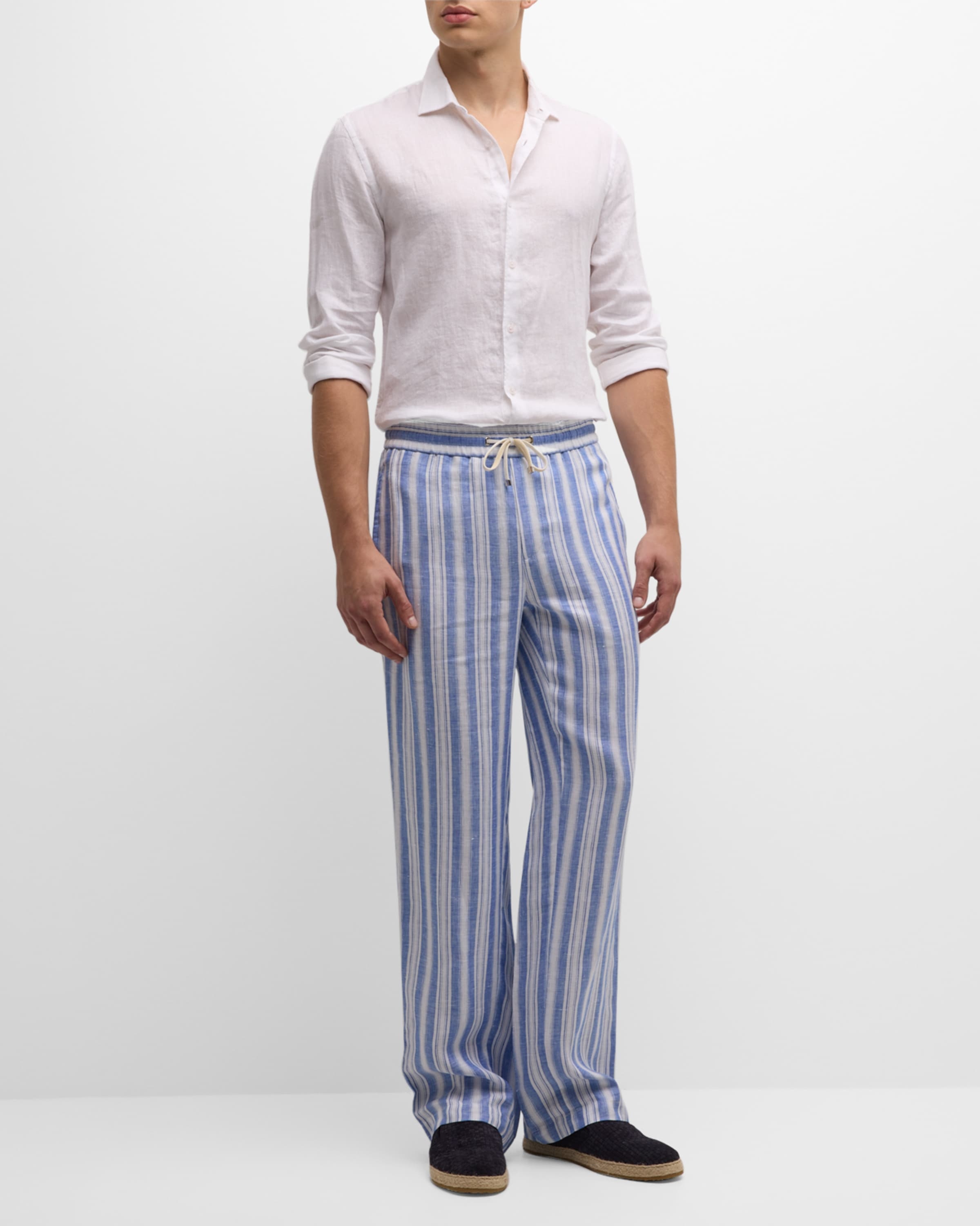 Straight-Leg Striped Linen Drawstring Trousers