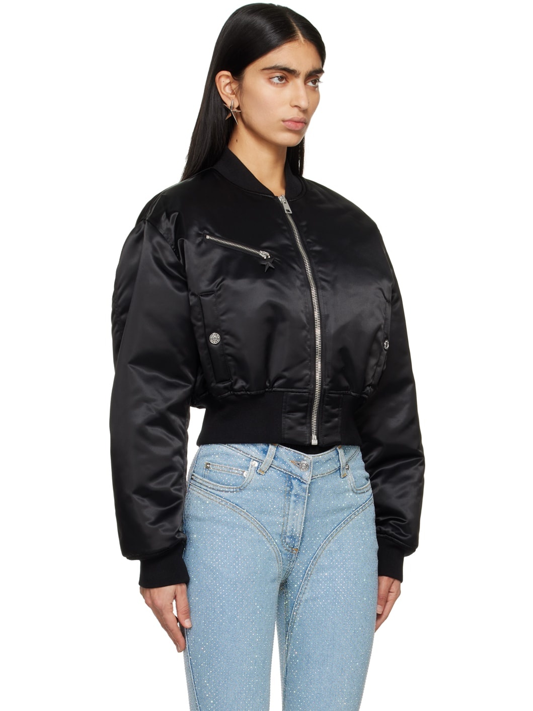 Black Cropped Bomber Jacket - 2