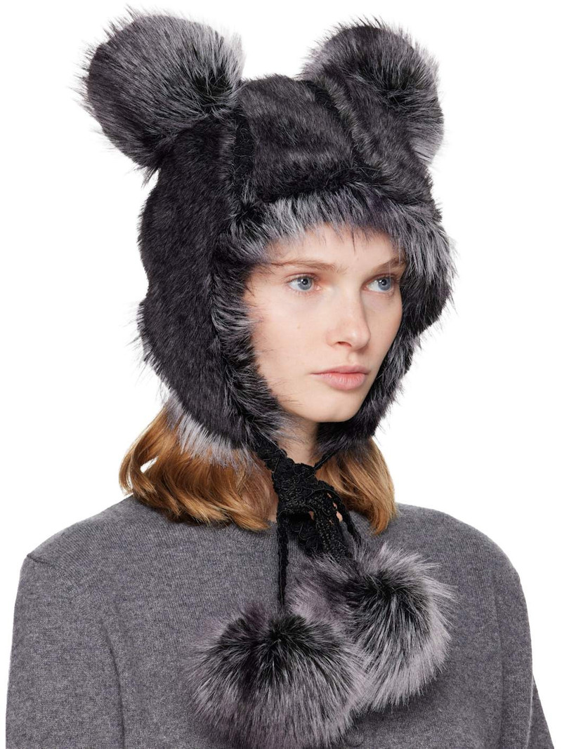 ANNA SUI SSENSE Exclusive Black & Gray Faux Fur Teddy Bear Hat outlook