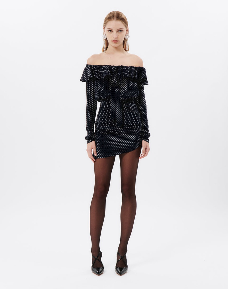 Alessandra Rich POLKA DOT SILK OFF THE SHOULDER MINI DRESS outlook