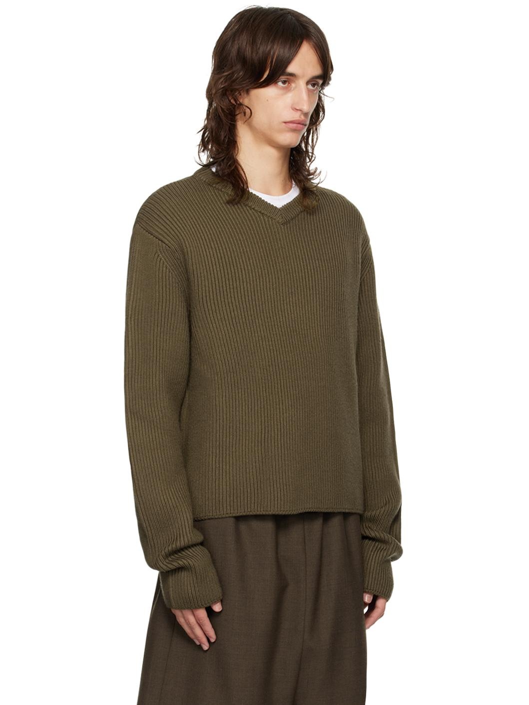 Khaki V-Neck Wool Sweater - 2