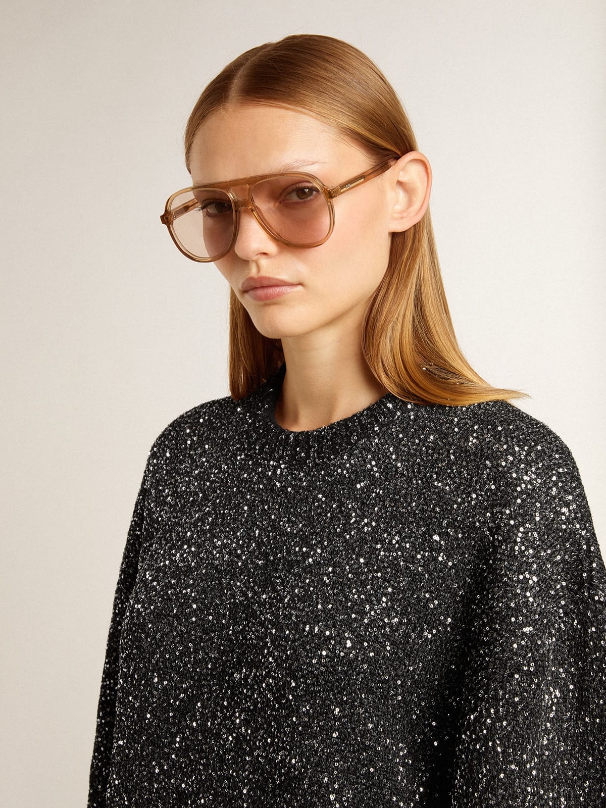 Women's black crew neck dress with all-over silver sequins - 5