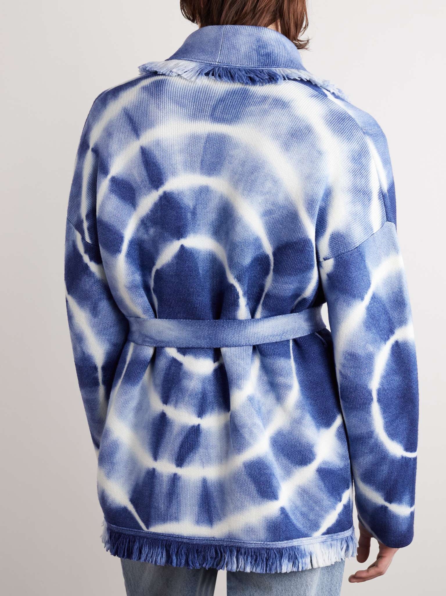 Shawl-Collar Fringed Belted Tie-Dyed Wool Cardigan - 5