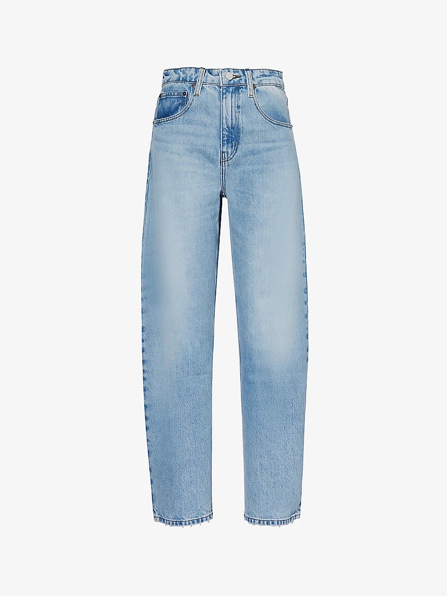 Brand-patch contrast-stitch barrel-leg mid-rise recycled denim-blend jeans - 1