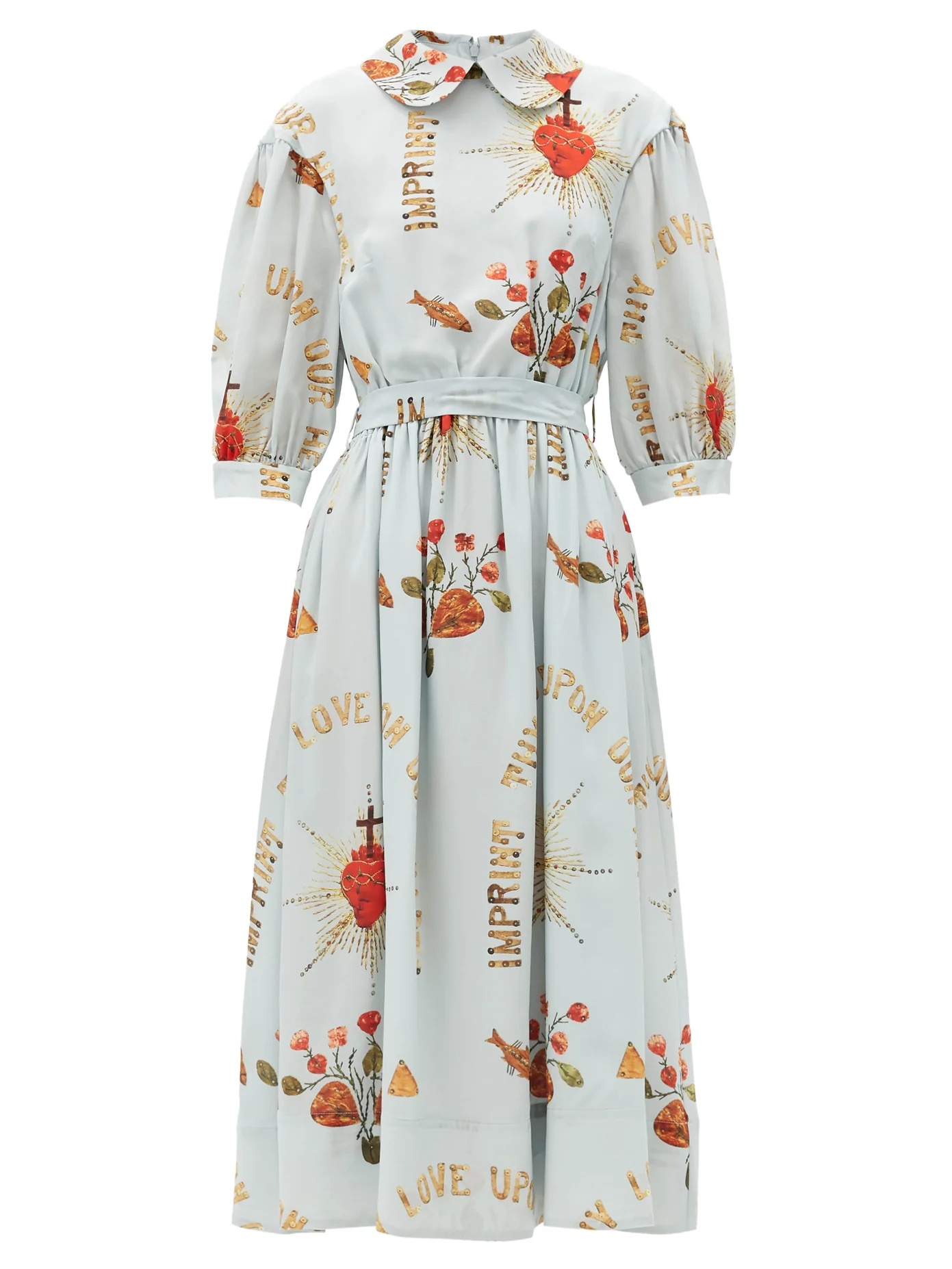 Sacred heart-print round-collar silk midi dress - 1