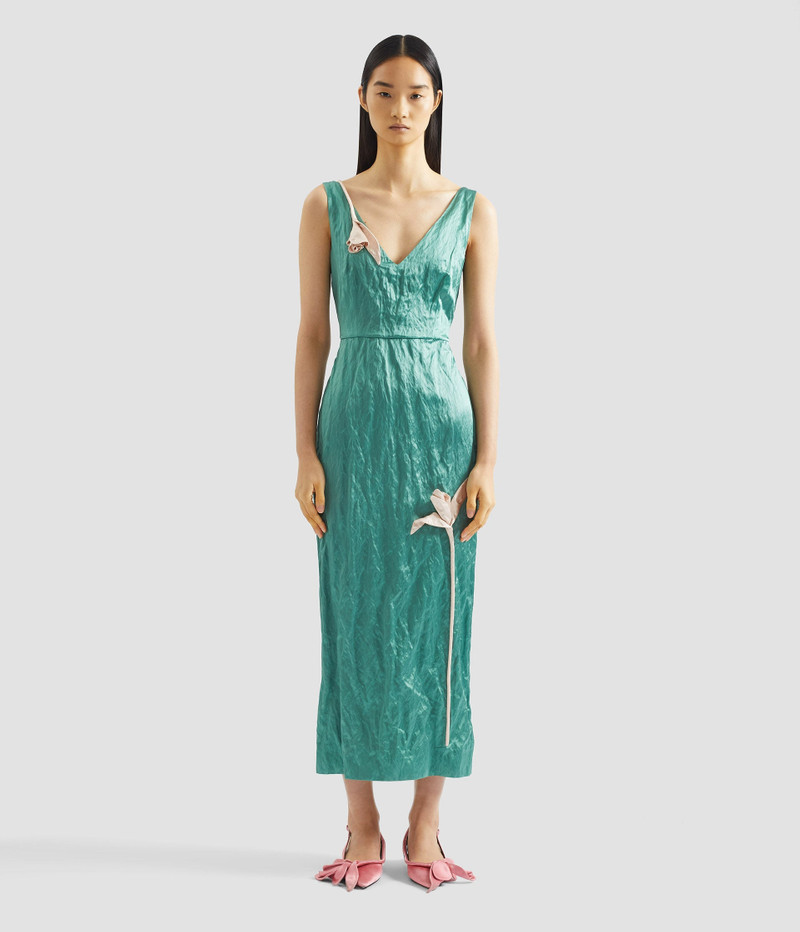 EMBROIDERED TEXTURED SATIN SLEEVELESS MIDI DRESS 4