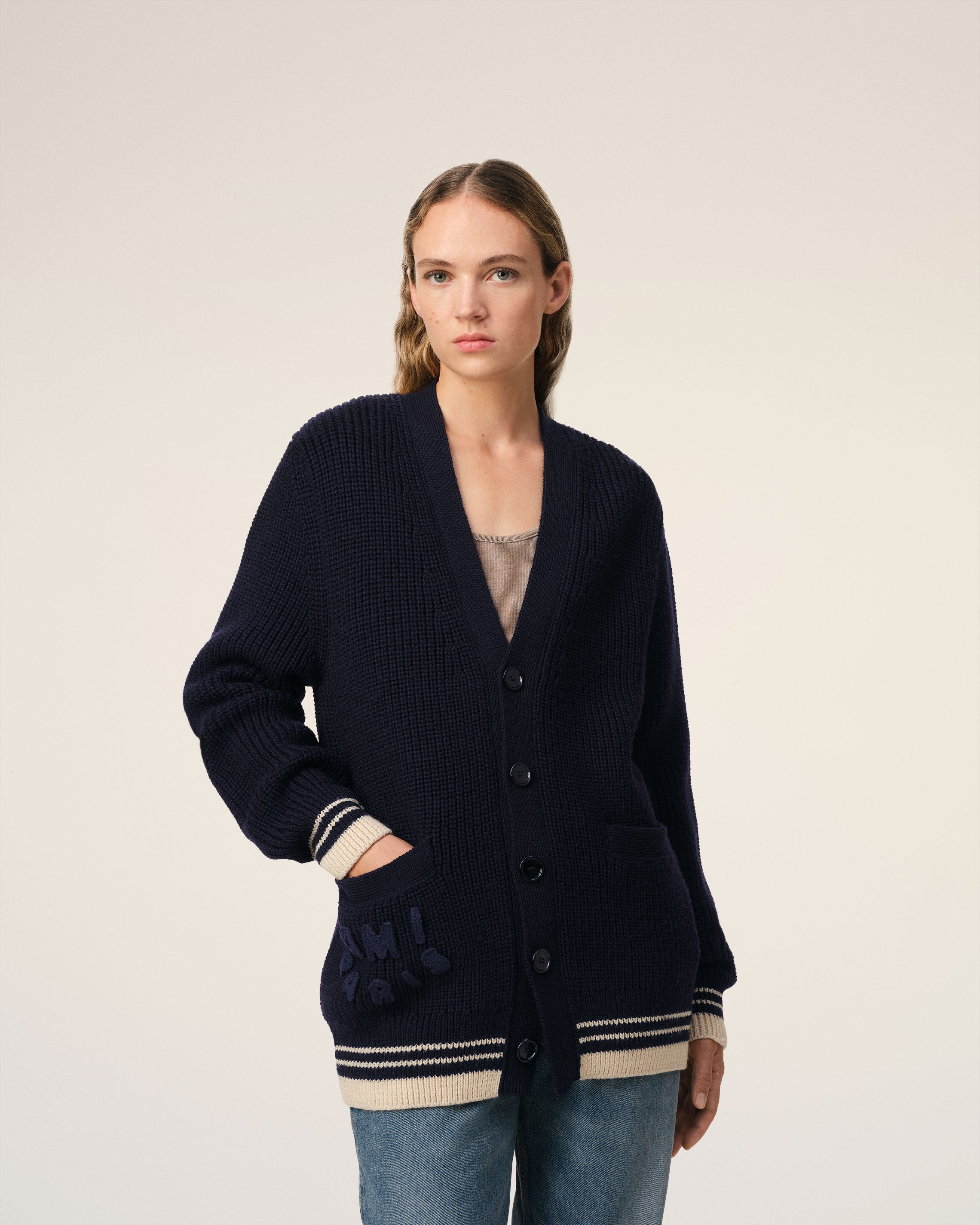 NAVY WOOL RIBBED SWEATER - 3